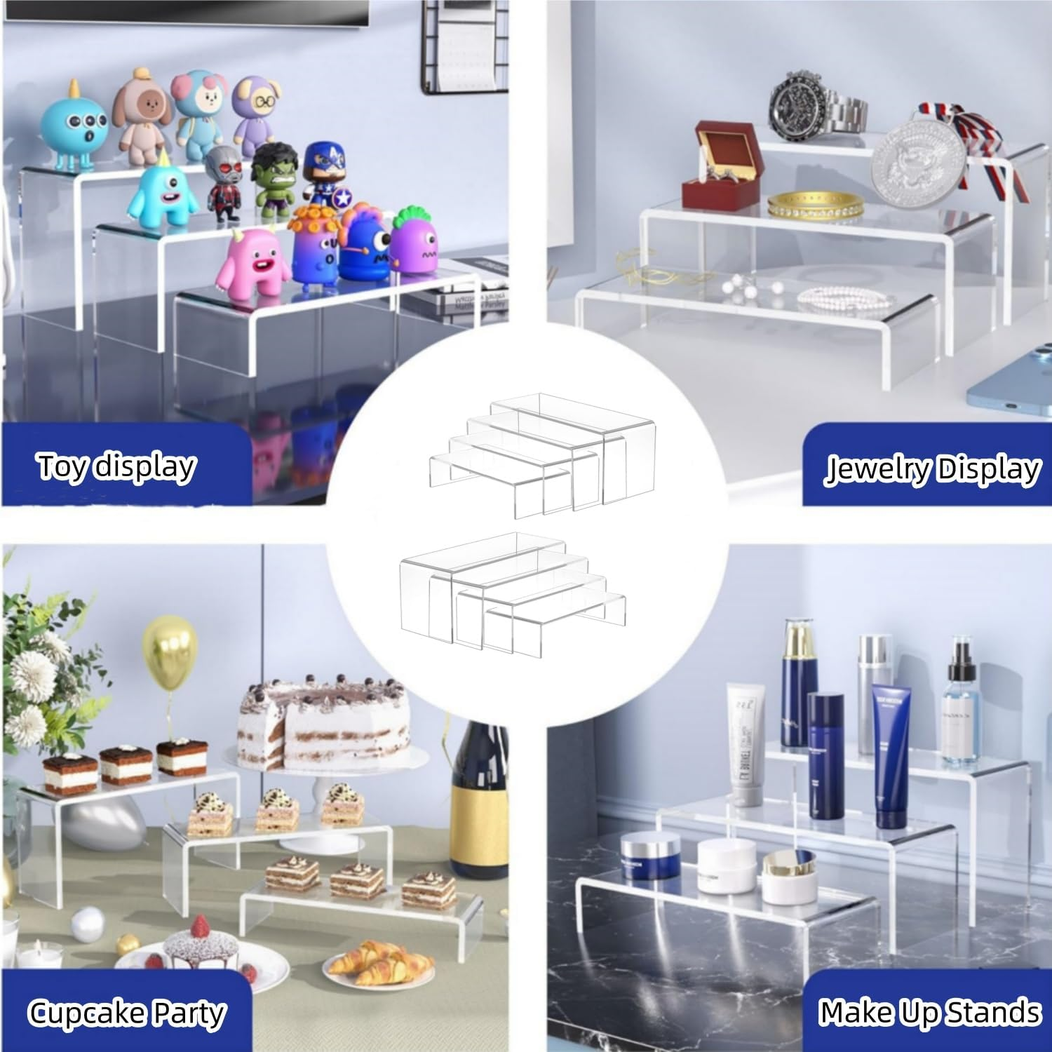 Acrylic Display Risers, 8 Pieces Clear Rectangular Tabletop Display Stand for Amiibo Funko POP Figures, Collectibles Jewelry Food Cupcake Dessert Risers Shelf for Decoration and Organizer image number 6