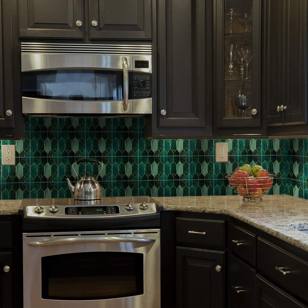 Floor Wall Tile Transfers Sticker for Home Decor, Peel & Stick Self-Adhesive Splashback, Tile Decals for Living Room Kitchen Bathroom Decor,15Cmx15Cmx 10 Pieces, Green Gilding Mosaic Tile Sticker image number 2