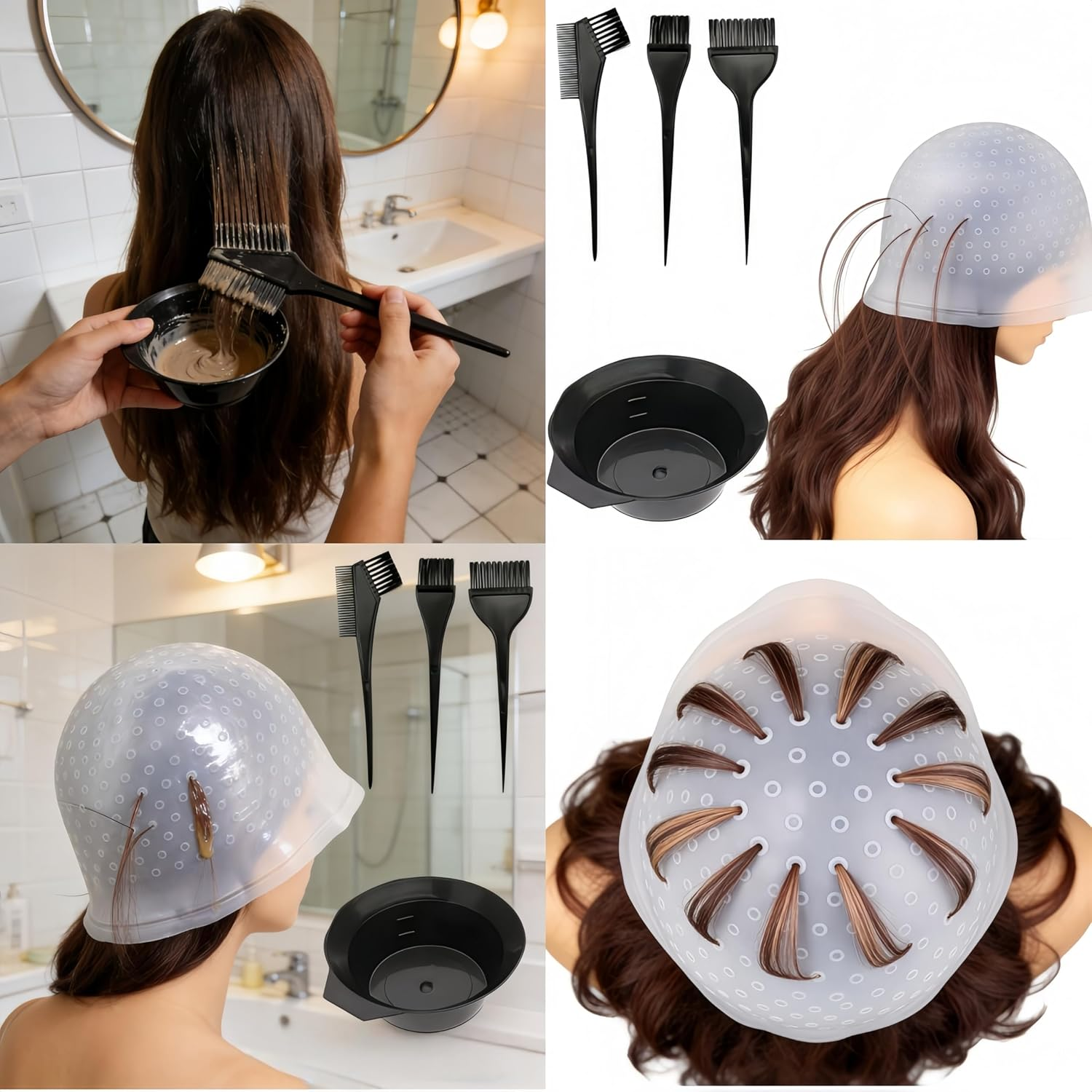 Aknebriax 6Pcs Hair Coloring Kit,Hair Coloring Highlighting Cap,Silicone Pull through Caps Hair Coloring Frosting Cap with Hook, Hair Agitator, Brush, Hair Tinting Bowl. image number 5