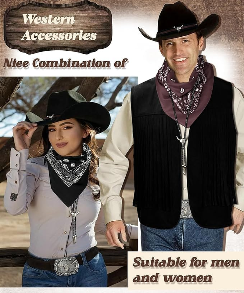 Slowton Western Outfits for Men - Cowboy Outfit Cowboy Hat Tassel Vest for Halloween Cosplay Western Costume Accessories image number 4