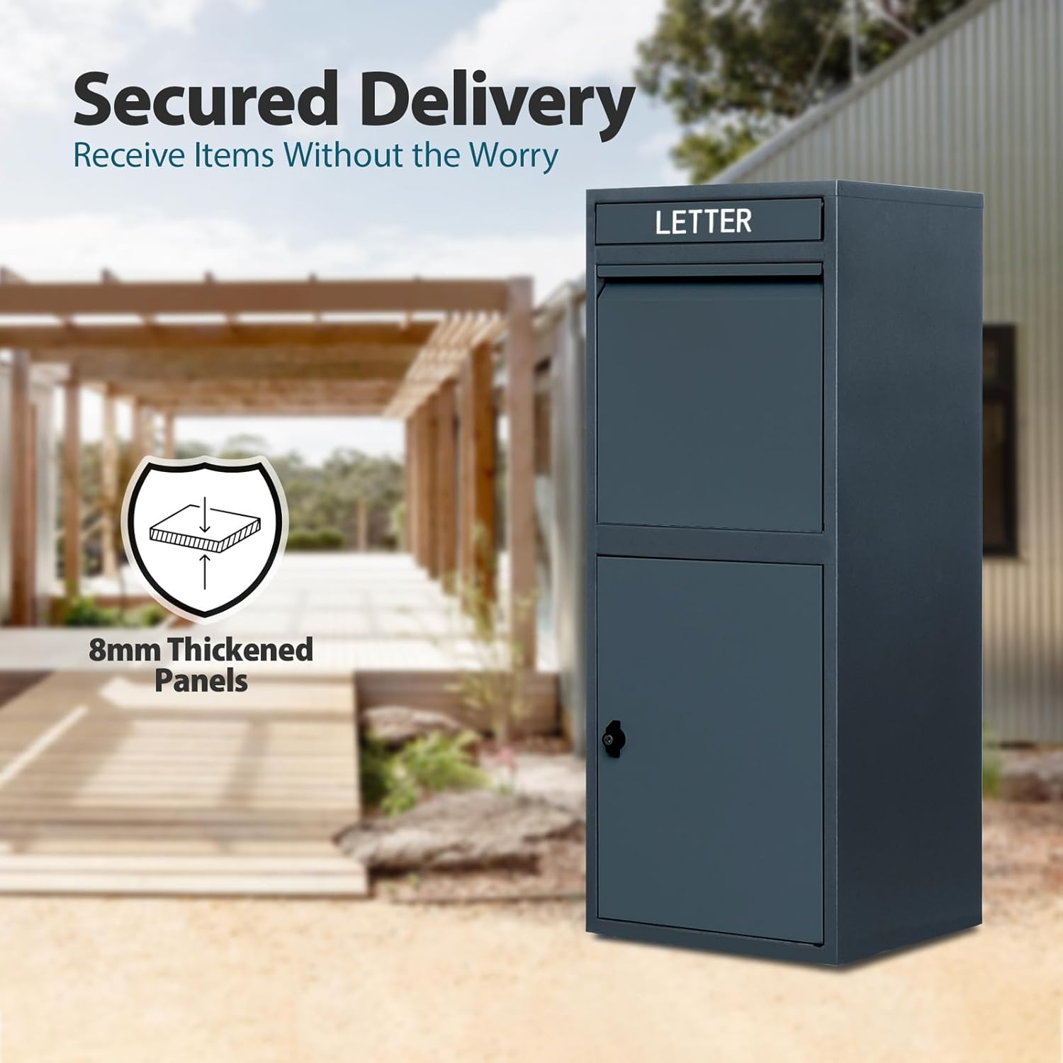 New Improved Glasshaus Steel Post Parcel Box Package Delivery Mail Box Locking Safe Drop Letterbox Storage (Solid Black)