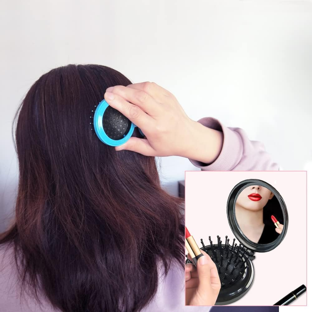 Folding Hair Brush with Mirror for Purse/Pocket,Round Mini Compact Massage Comb for Girls and Women (Black+White) - Pink+White image number 4