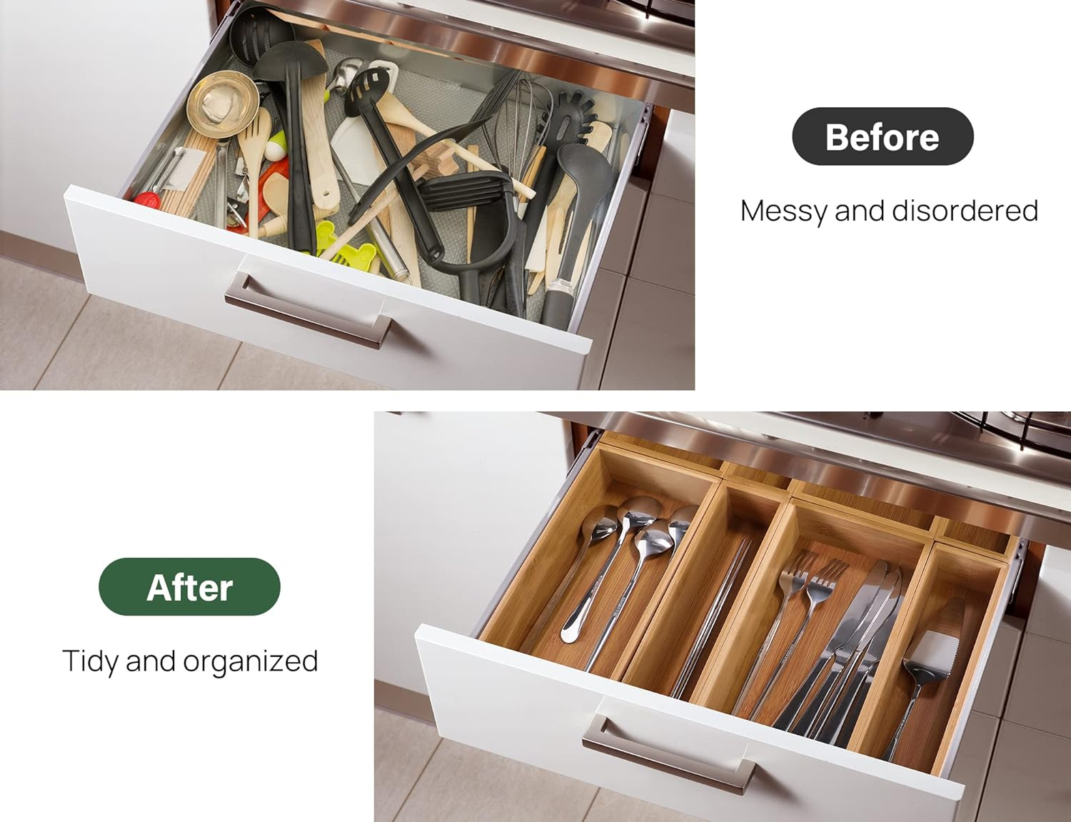 Kootek 8 Pcs Bamboo Drawer Organizer Utensil Tray Kitchen Storage Box 4-Size Versatile Dividers Cutlery Holders Bins Containers for Flatware Kitchen Utensils image number 1