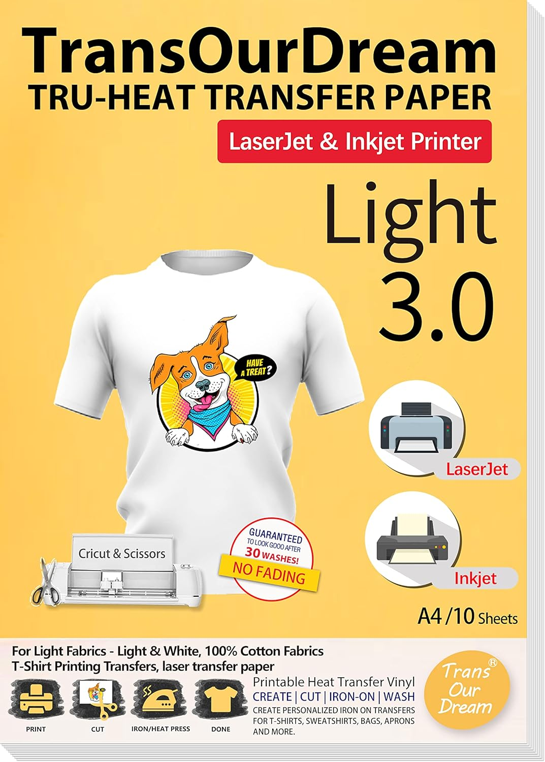 Transourdream Iron on Heat Transfer Paper for Light T Shirts (10 Sheets A4, Light 3.0) Printable HTV Heat Transfer Vinyl for Inkjet & Laserjet Printer Iron on Transfers for T Shirts (TRANS-L3-10) image number 7