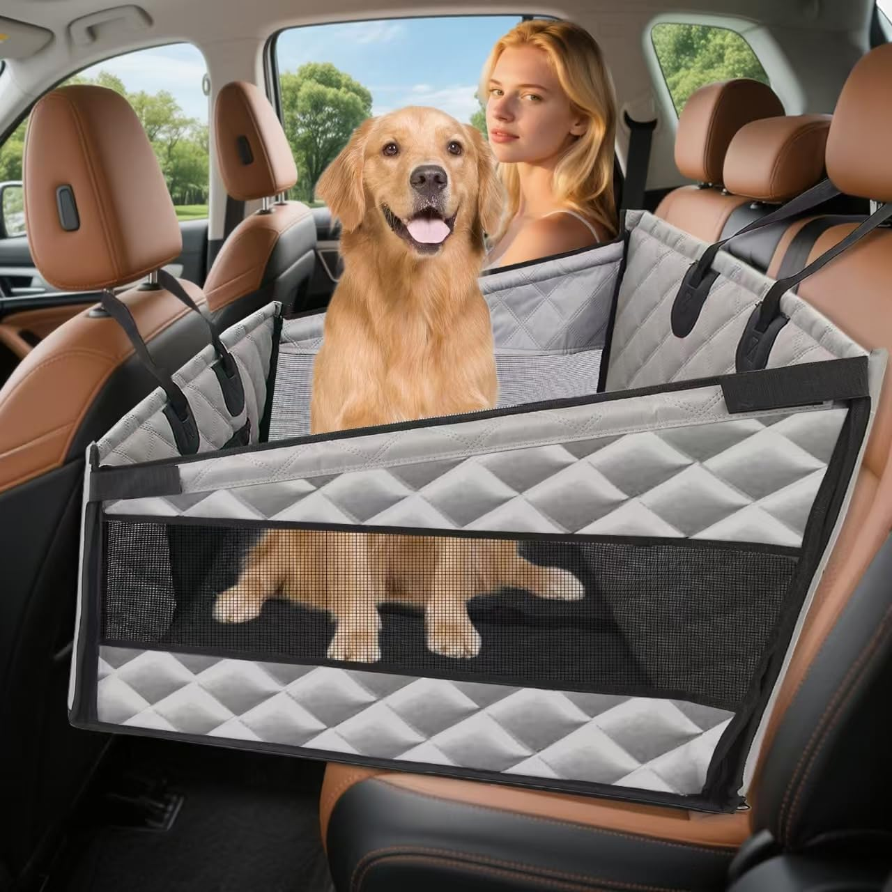 Qowooq Dog Car Seat for Medium Dogs,Back Seat Extender for Dogs,Large Dog Car Seat Cover for Back Seat, Dog Hammock for Car Back Seat Dog Bed Mattress,Pet Car Seat for Car SUV Truck (Black, Large)