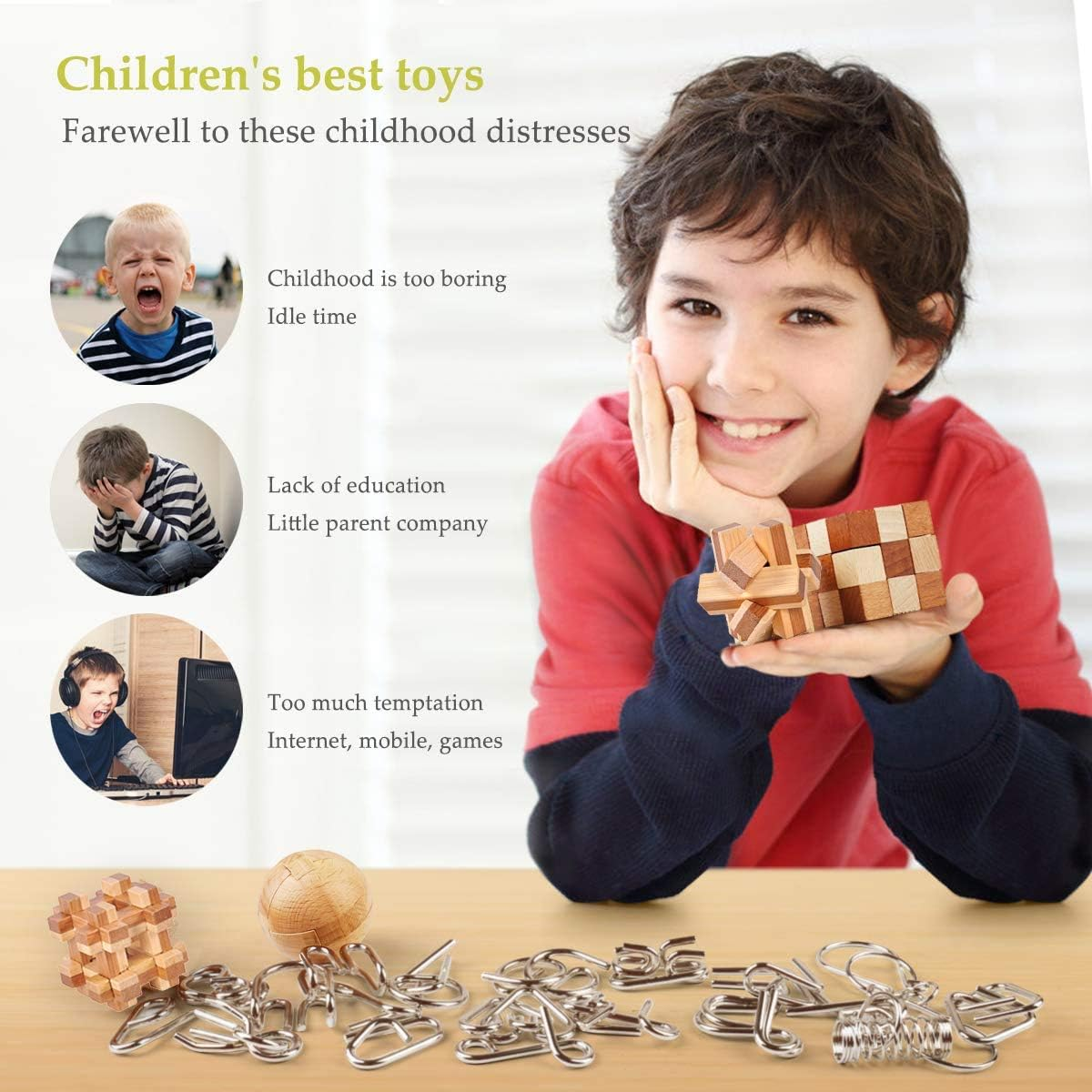 Brain Teasers Wooden and Metal Wire Puzzles 22Pcs Unlock Interlock 3D Brain Puzzle Games IQ Test Toys for Kids Adults image number 3