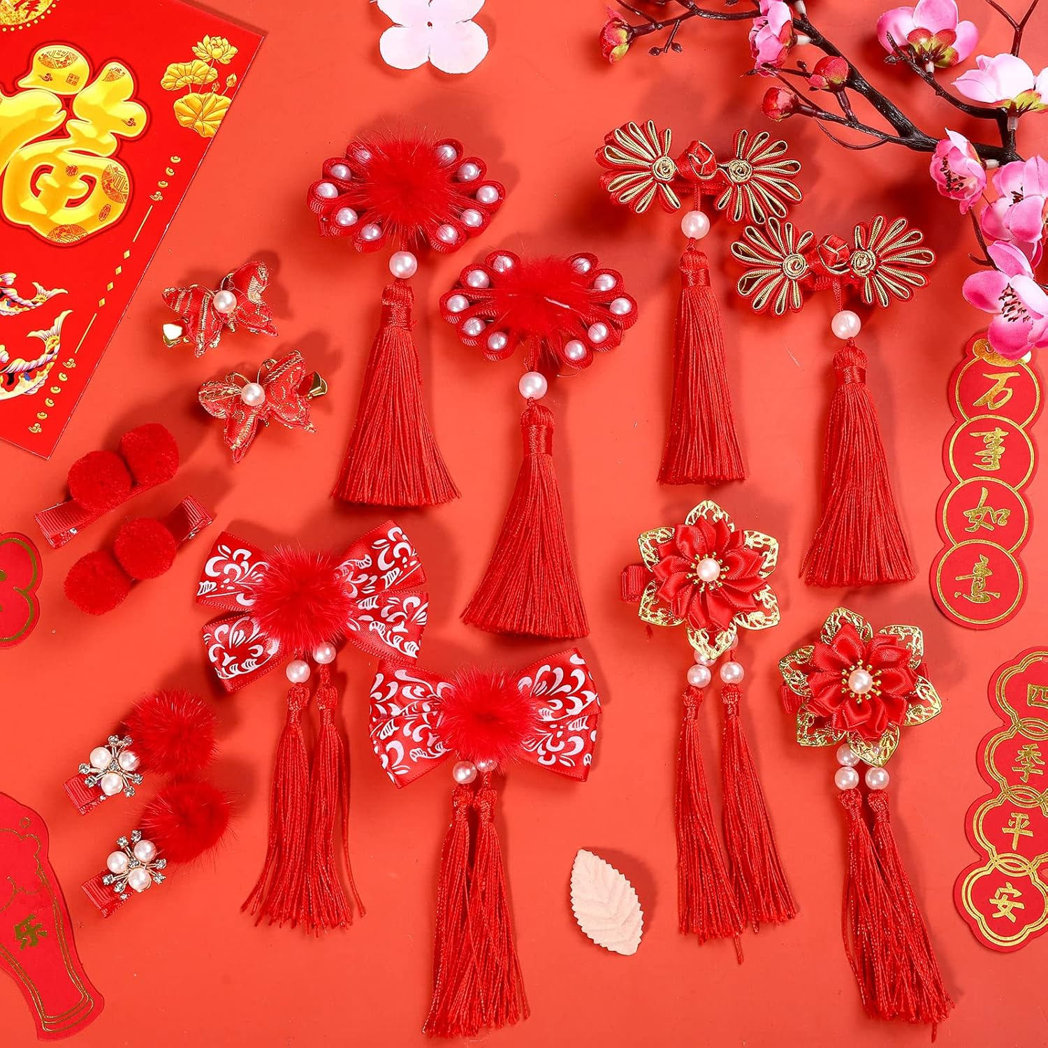Whaline 9 Pairs Chinese New Year Hair Clip Furry Balls Hair Barrettes Baby Girls Chinese Style Hair Clips with Tassels Red Hairy Bows Butterfly Hair Pins for Girls Spring Festival Hair Accessories image number 5