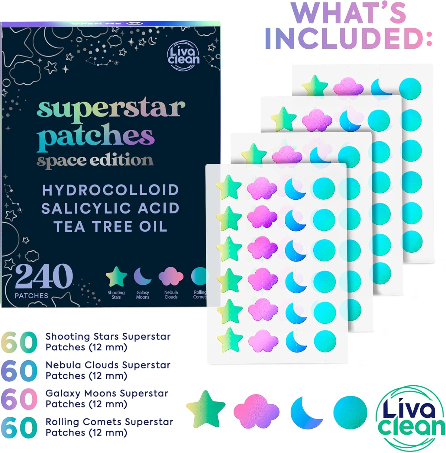Livaclean 240 CT Holographic Cute Acne Patches - Space Edition W/Salicylic Acid & Tea Tree Oil for Face - Hydrocolloid Star Pimple Patches image number 5