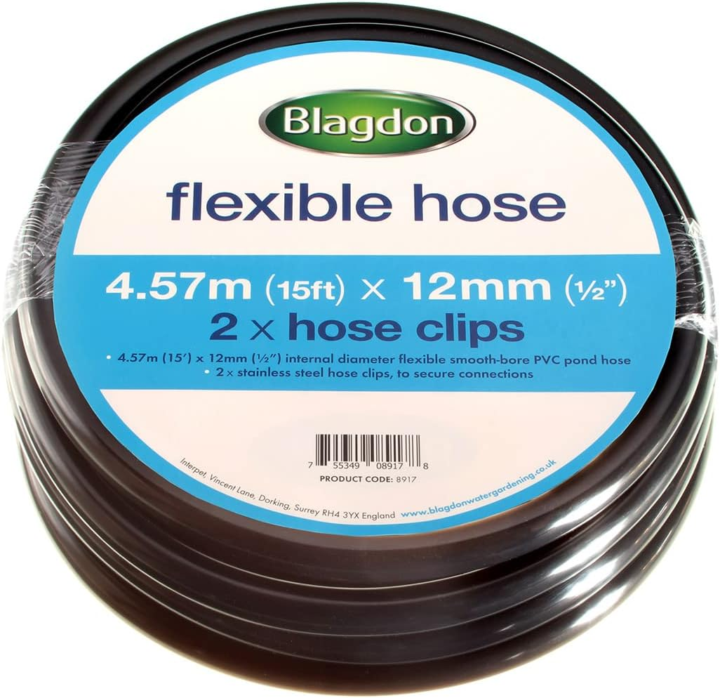 Blagdon Flexible Reinforced Pond Tubing, 4.57M (15Ft) X 12Mm (1/2") Internal Diameter, Smooth-Bore PVC Pond Tubing, Includes 2 Stainless Steel Hose Clamps, Tough and Strong Tubing,Black
