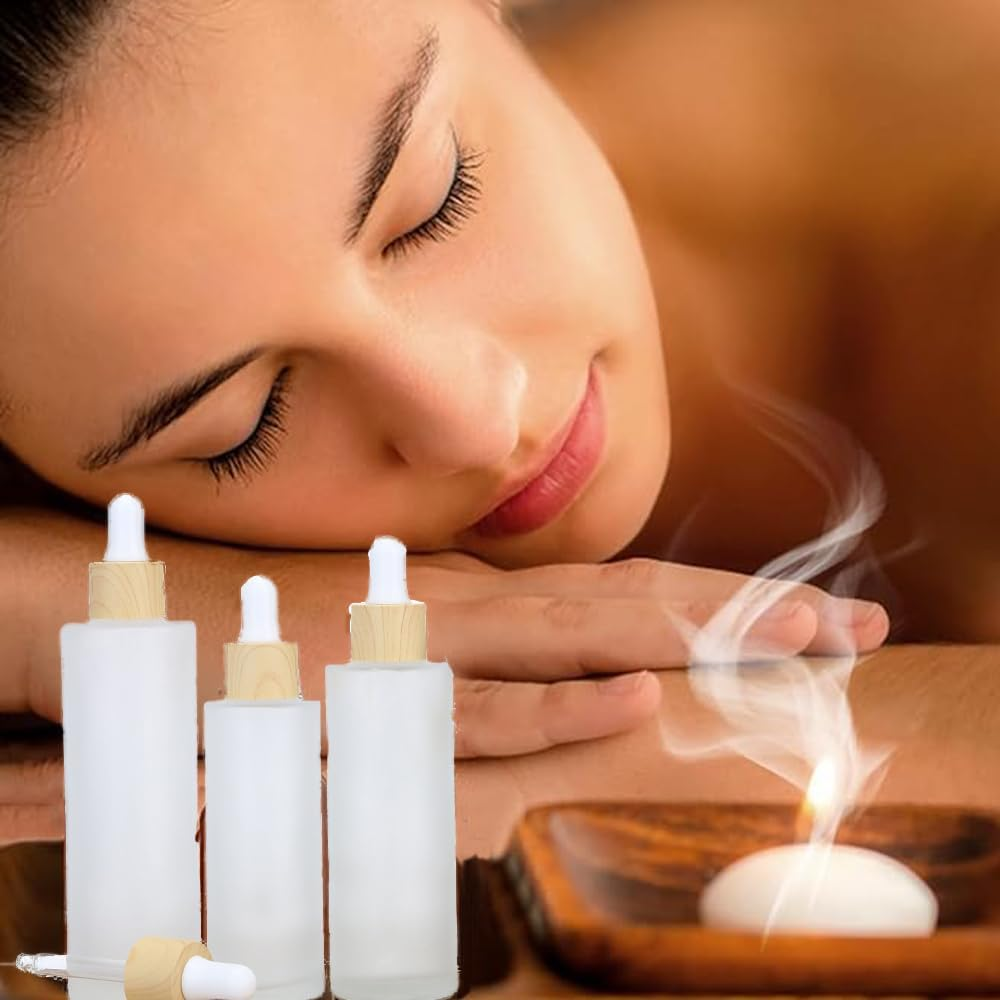 12 Packs 30Ml Frosted Glass Dropper Bottles for Essential Oils with Wooden Caps Empty Glass Liquid Container Holder with Wooden Lids for Travel Home Store Use,Travel Perfume image number 3