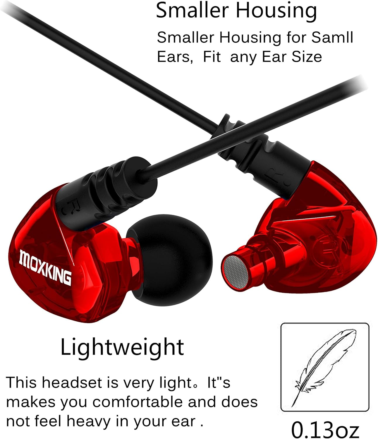 MOXKING Running Sports Earbud Headphones Wired over Ear in Ear Headsets Noise Isolation Waterproof Earbuds Enhanced Bass Stereo Earphones with Microphone and Remote for Running Jogging Gym (Red)