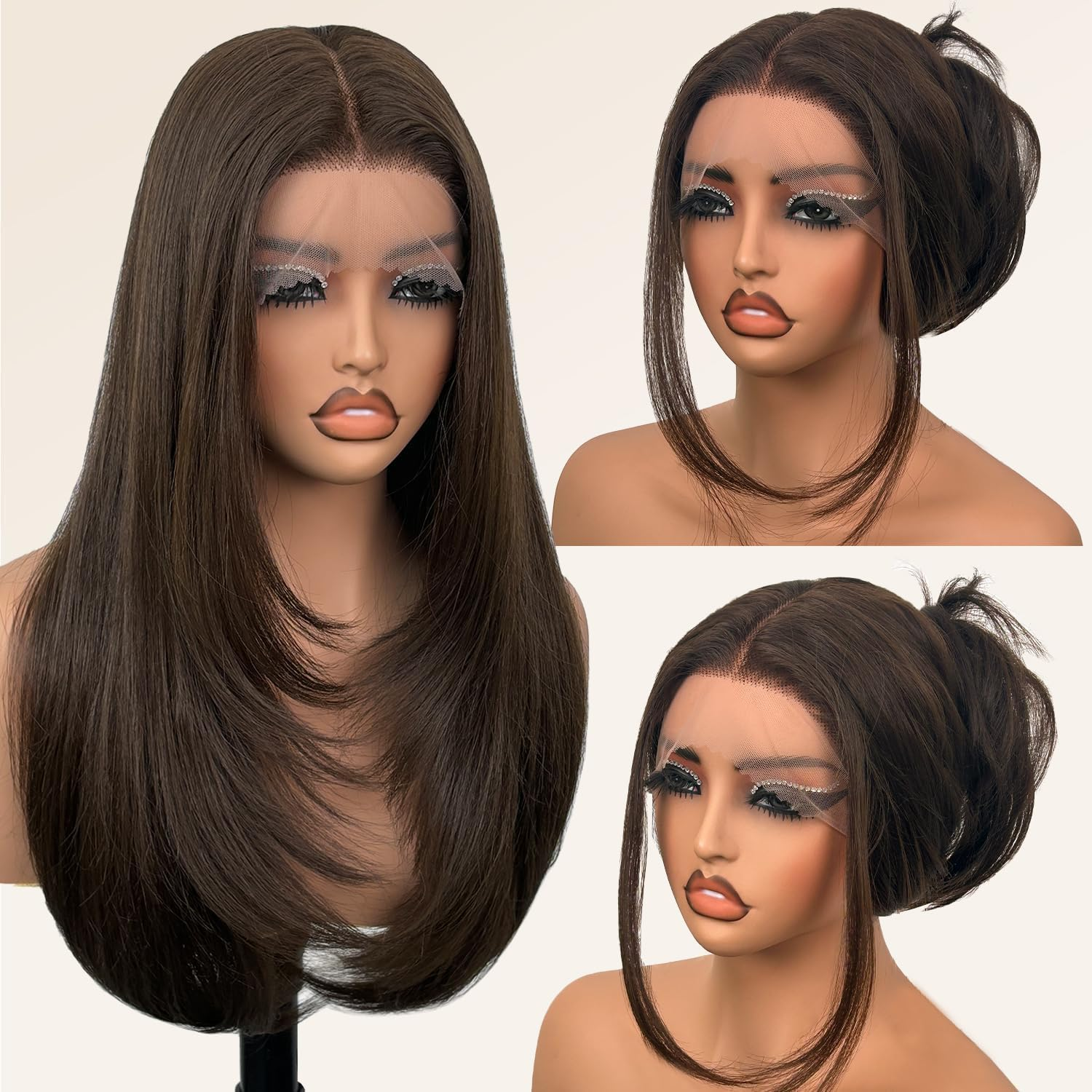 Glueless Synthetic Lace Front Wig 26 Inches Long Straight Black Wigs for Women 13X5X1 HD Lace Hand Tied Pre Plucked Hairline image number 6