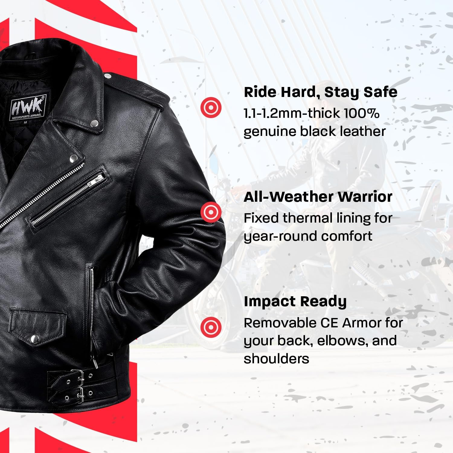 HWK Brando Leather Motorcycle Jacket for Men, Genuine Black Leather Jacket with Removable CE Armor for Motorbike Riding image number 6