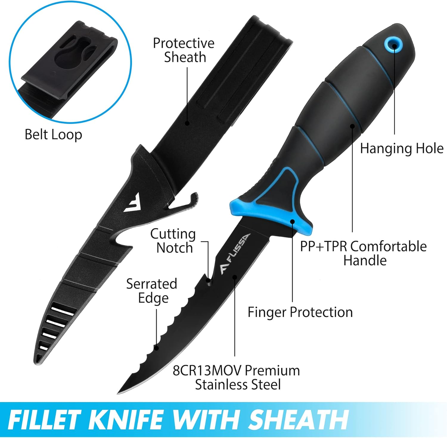 FLISSA Fillet Knife Set, Bait Knife with Knife Sharpener, Protective Sheath, Belt Clip, Portable Pouch & Corrosion Resistant Coating Blade, Professional Fishing Knife for Filleting and Boning(4-Piece)