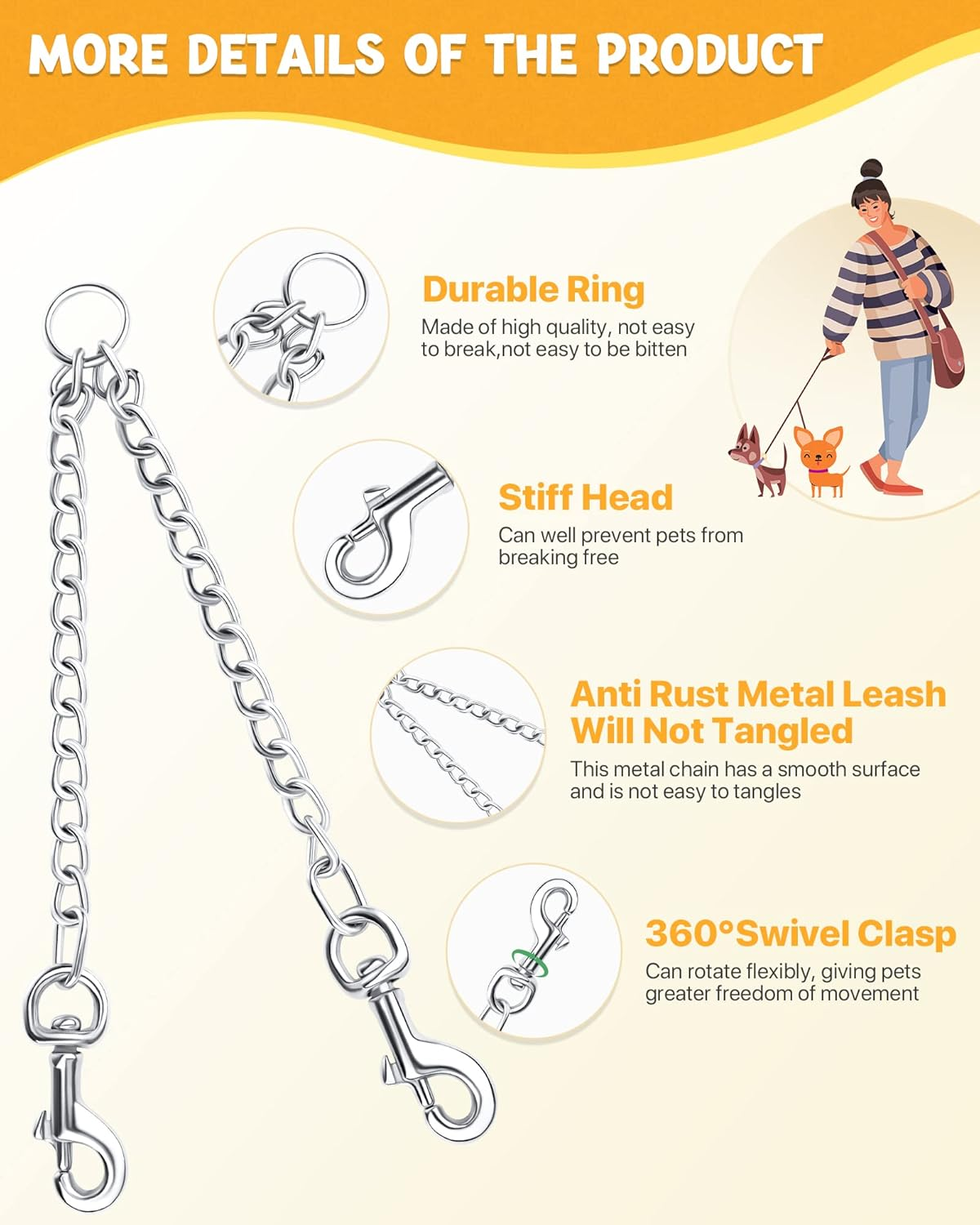 Double Dogs Lead 2 Way Iron Chain Leash Coupler Twin Pet Trainer Safety Rope Splitter for Walking Training (M-3.5Mm*60Cm) image number 5