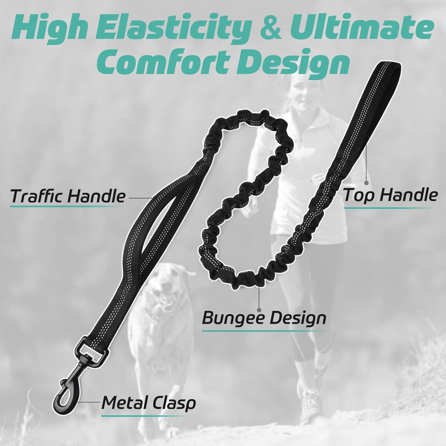 Rabbitgoo Tactical Bungee Dog Leash, Elastic Leads Rope with 2 Padded Traffic Control Handles for Military Dog Training and Night Walking, Quick Lock & Release, Safety & Comfort, 5.2FT, Black image number 6