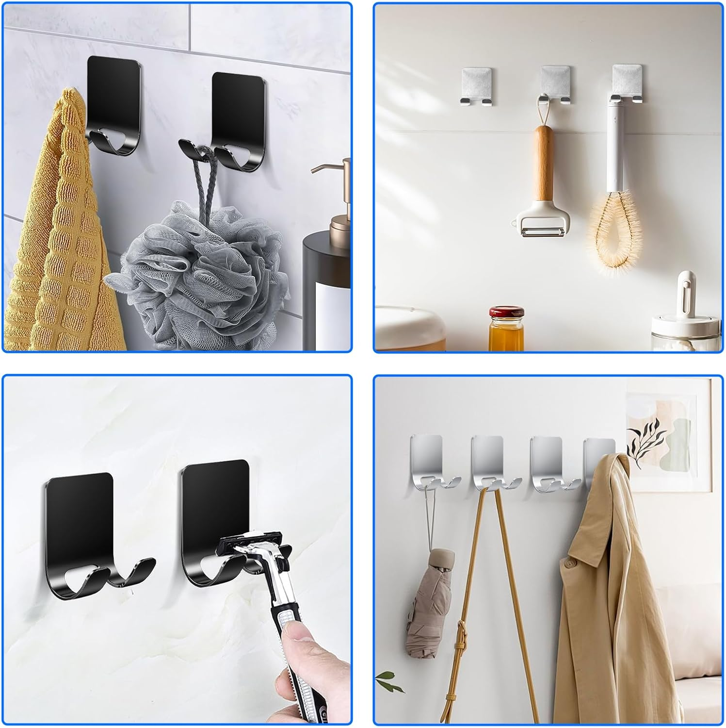 4Pcs Razor Holder, Shaver Hook Hanger, Multipurpose Self Adhesive Double Hooks, Silver Black Stainless Steel Shower Hooks, for Bathroom and Kitchen Storage, Includes Loofah, Towel, Plug, Clothes image number 4