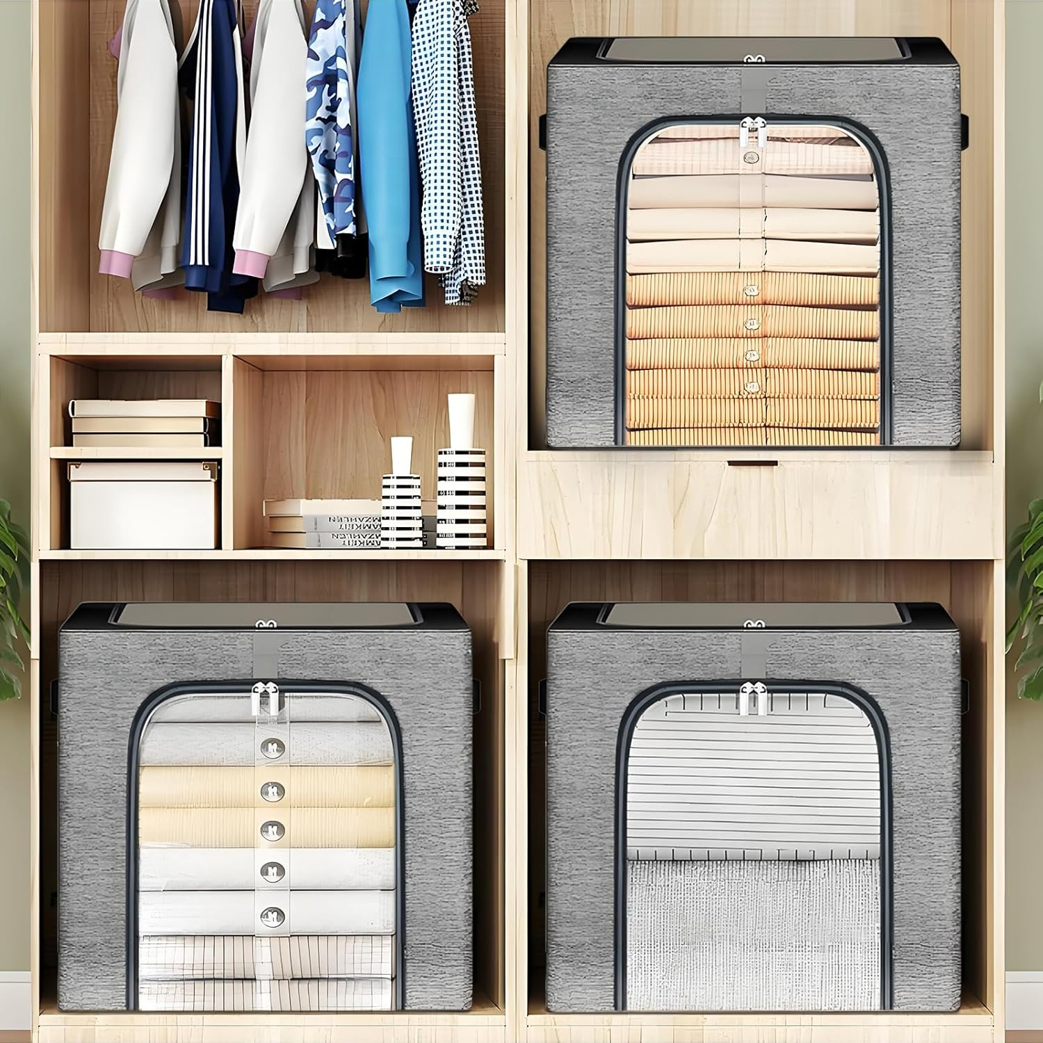 49L Clothes Storage Bags, 3 Pack Foldable Storage Bins Box with Metal Frame, Thick Stackable Closet Organizers Container Set with Handles Clear Window Cotton Linen(Grey) image number 5
