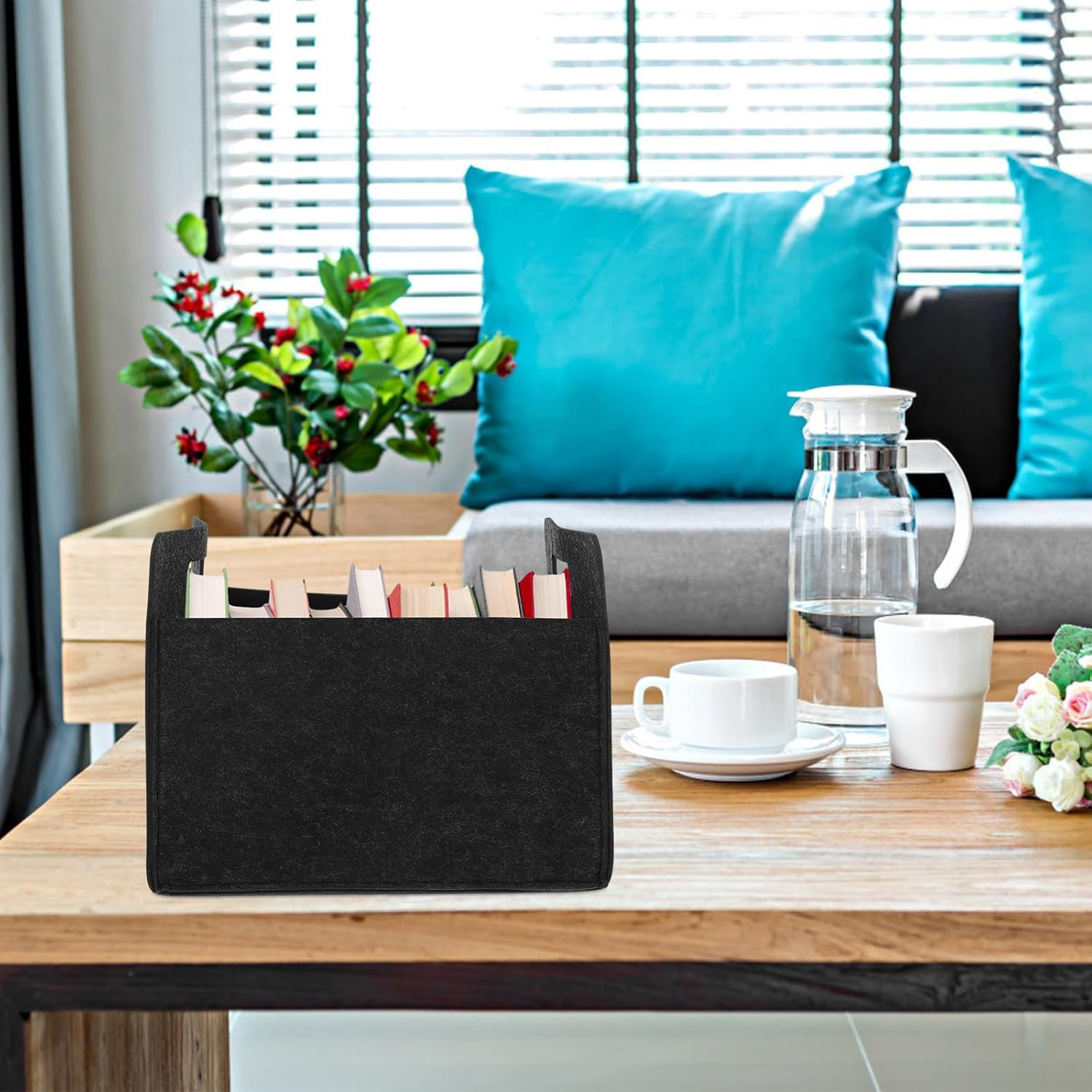 CHICAMPERA Foldable Felt Storage Basket with Handles, Collapsible Fabric Bin for Books, and Office Organization, Deep Grey Felt Basket for Home, Classroom, and Shelf Storage