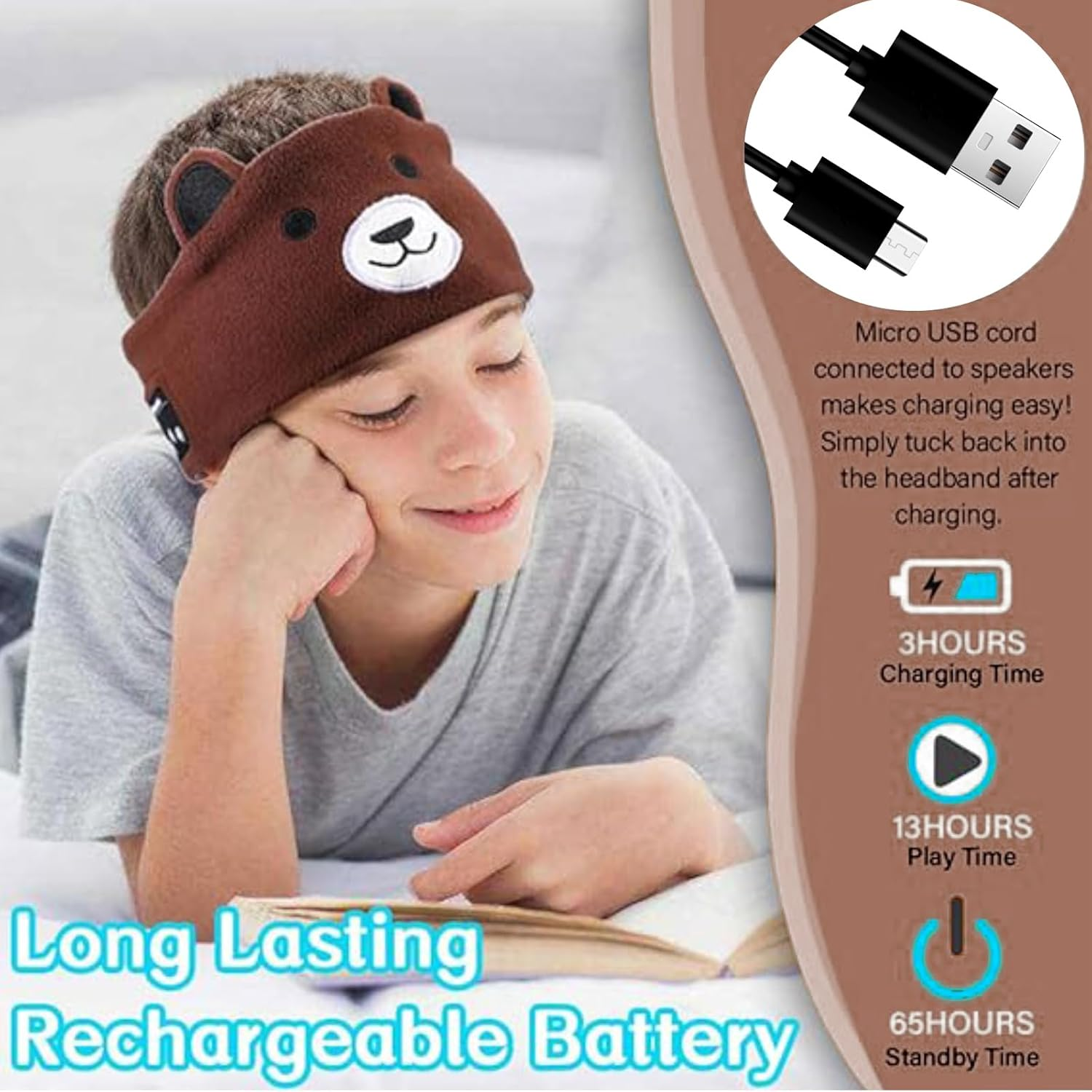 UOEPOWA Kids Headphone Headband, over the Ear Headband Headphones, Super Soft Toddler Headphones with Thin Speakers, Wireless Toddler Earphones Volume Limit to Protect Hearing (Bear) image number 6