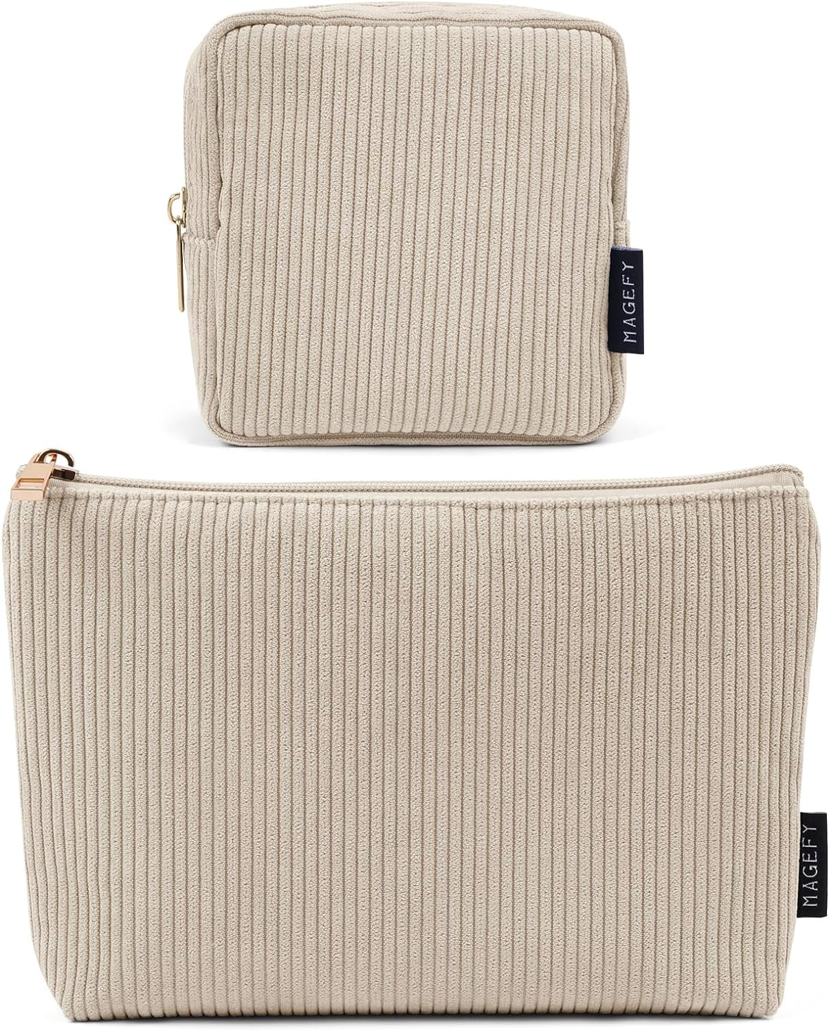 MAGEFY 2 Pcs Makeup Bag Small Makeup Bag for Purse Corduroy Makeup Pouch for Girls Cosmetic Bag for Women(Beige)