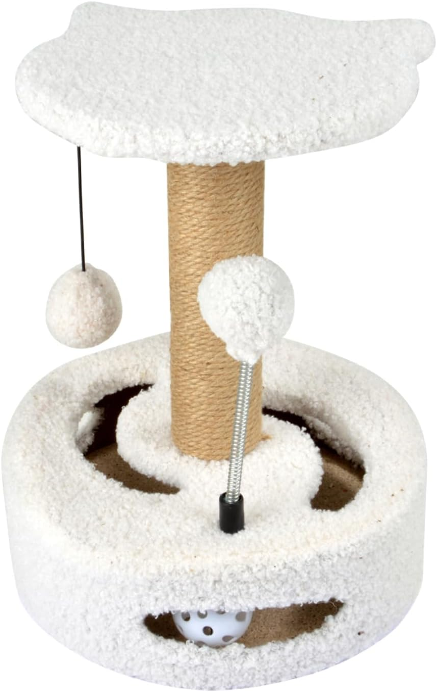 Love Story, Cat Tree with Toy, Tunnel and Scratching Post, Diameter 25 X Height 33 Cm, Ecru