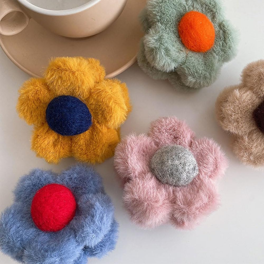 Set of 6 Cute Plush Flower Hair Clips Set, Colour Flower Hair Clips Cute Kawaii Flower Hair Clip Vintage Elegant Plush Floral Claw Clip Flowers Hair Clips for Women Girls Hair Accessories image number 2