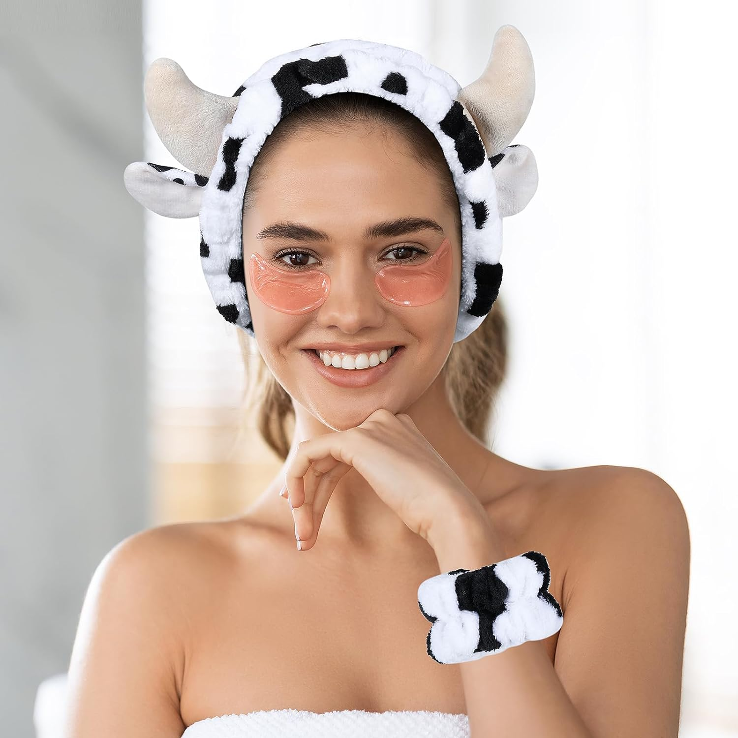 Plush Wash Face Headband Cow Print Spa Wrist Band Cuffs Hair Scrunchy Women Girls Facial Makeup Skincare Bath Head Wrap Kids Costume Party Supply Birthday Gift image number 2