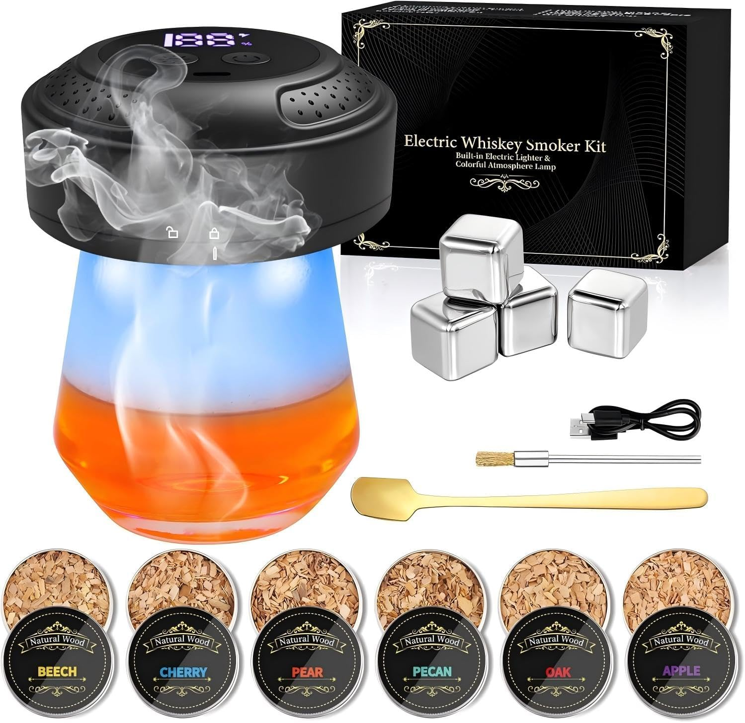 Electric Whiskey Smoker Kit, Old Fashioned Smoker Kit, Built-In Lighter & Ambient Light, 4 Reusable Ice Cubes 6 Wood Chips, Gifts for Men Dad Husband Whiskey Lovers image number 2