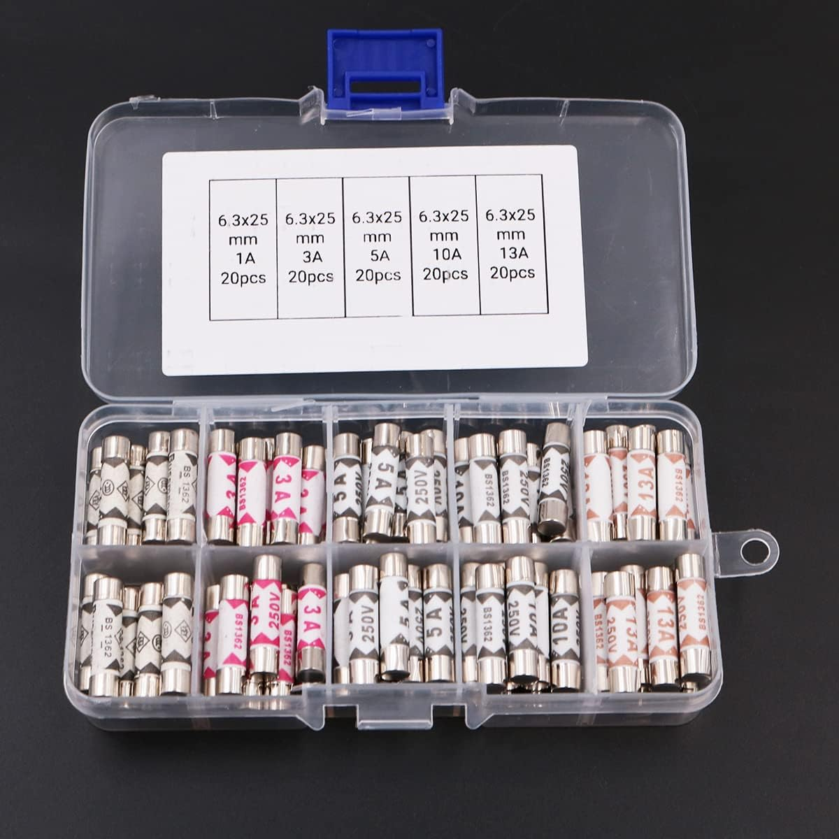 VOANZO 100Pcs Quick Stroke Ceramic Tube Fuse Assorted Kit 240V 1A3A5A10A13A (6.3X25Mm) image number 2