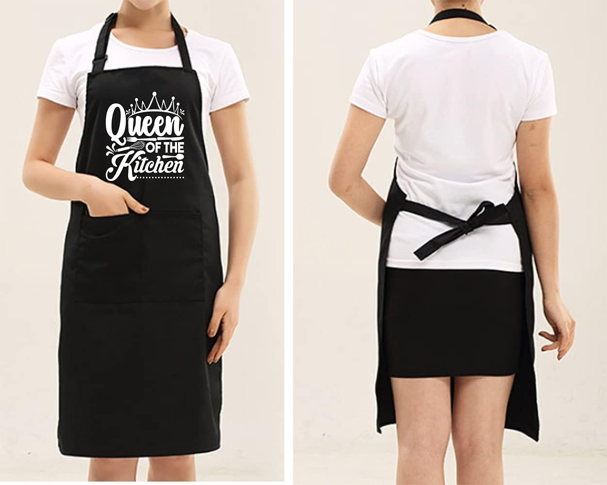 POTALKFREE Funny Aprons for Women with 2 Pockets, Queen of the Kitchen, Adjustable Bib Water Resistant Cooking Chef Apron, Gifts for Mom, Wife, Friends, Queen of the Kitchen Black, 27" W X 29" L image number 6