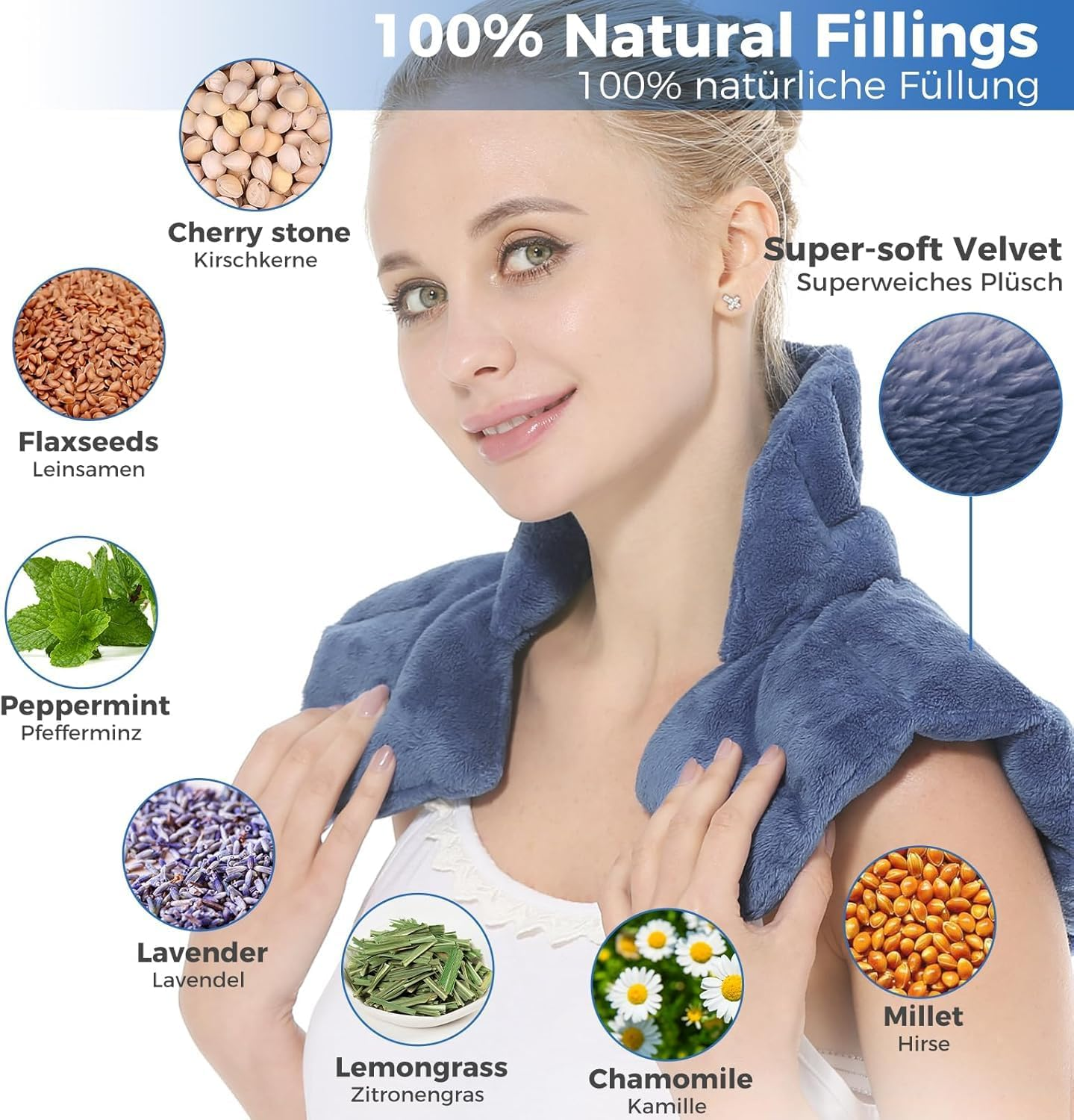 Microwavable Heating Pad for Neck and Shoulders, Microwave Heat Pack, Flaxseed Wheat Bag Heated Neck Wrap for Heat&Cold Therapy, 100% Natural Fillings(Blue) image number 5