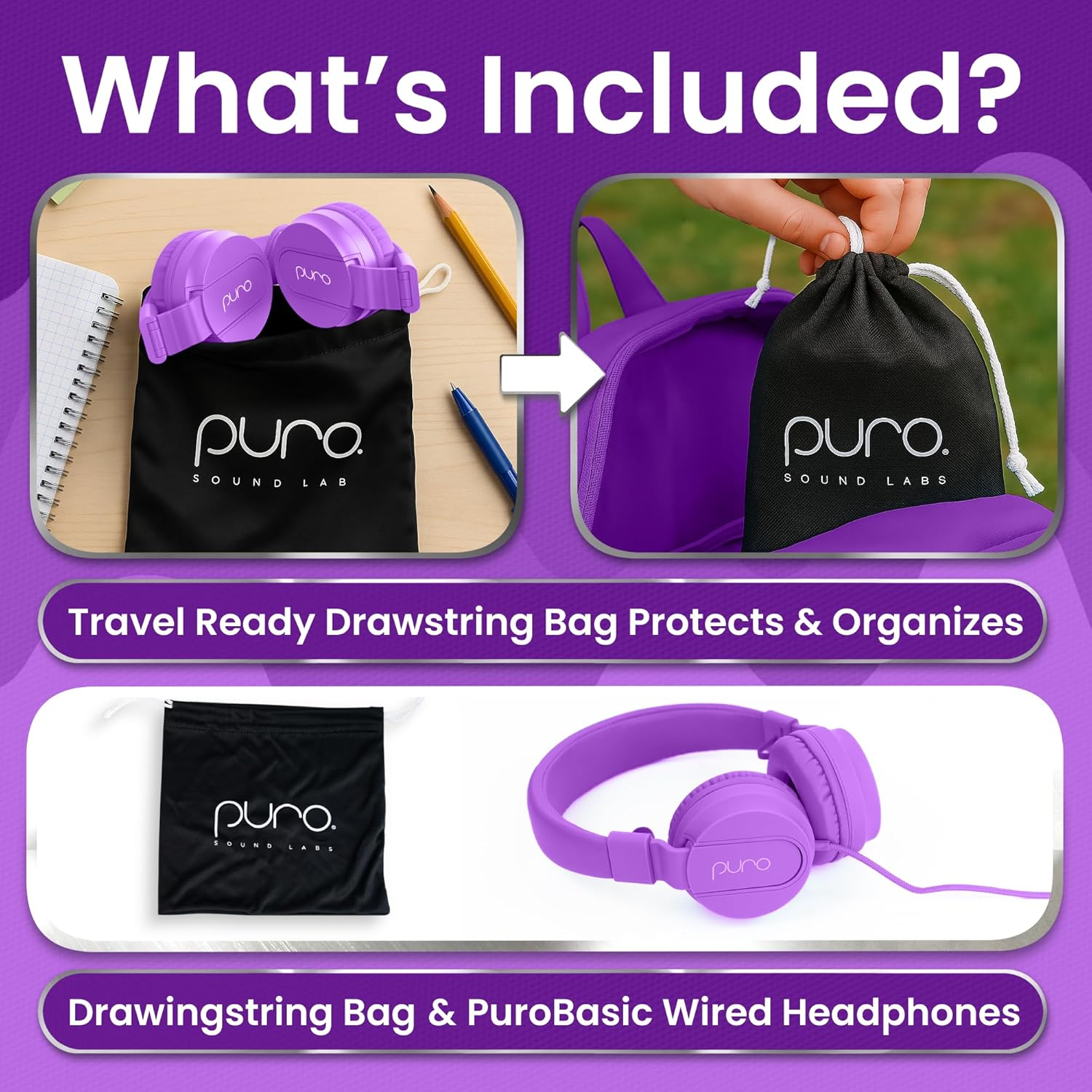 Puro Sound Labs Purobasic Volume Limiting Wired Headphones for Kids, Boys, Girls 2+ Foldable & Adjustable Headband W/Microphone, Compatible with Ipad, Iphone, Android, PC & Mac, Purple image number 4