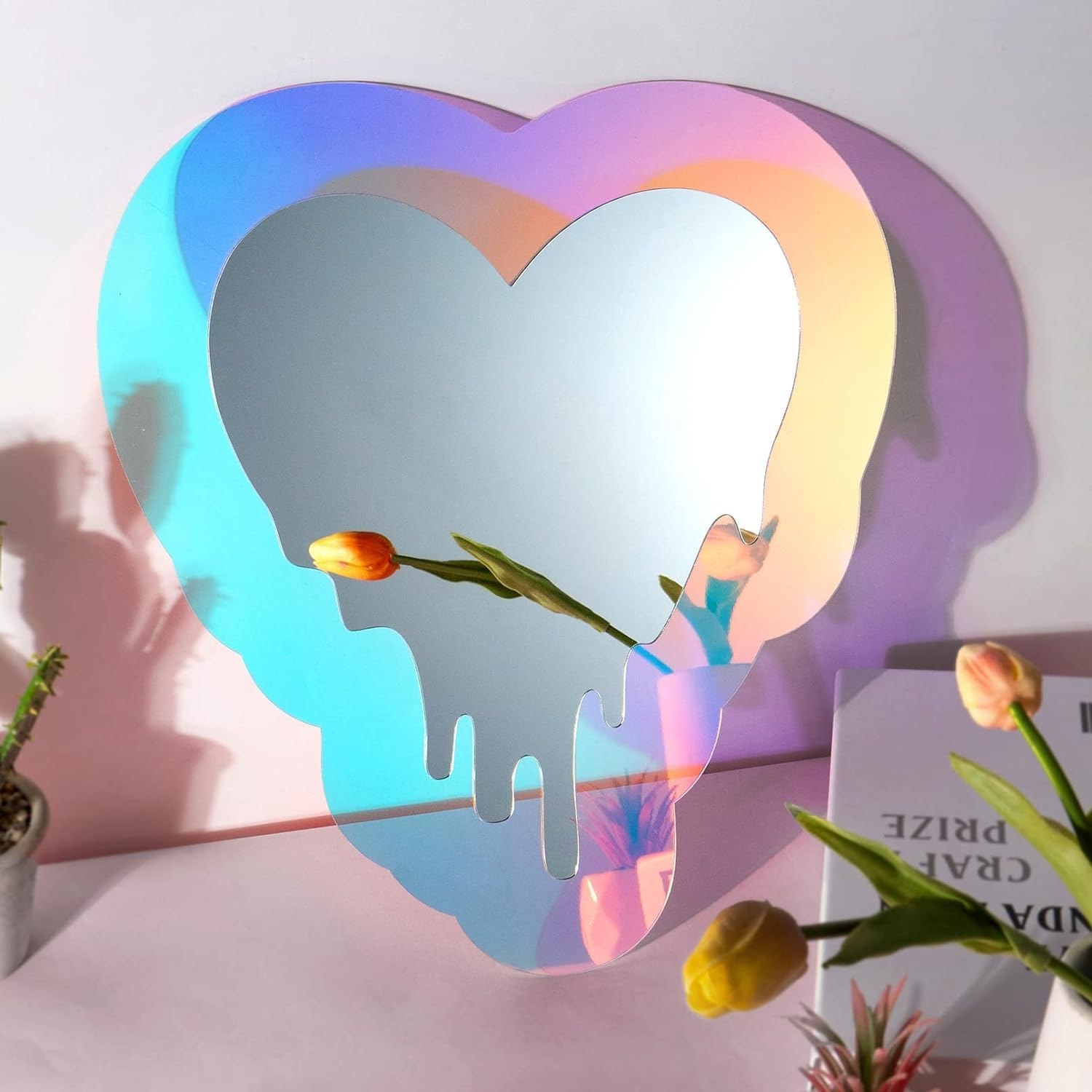 IONPSHG Iridescent Acrylic Mirror Decor Wavy Aesthetic Irregular Magnetic Locker Mirror Frameless Vanity Mirror Non Glass Rainbow Makeup Mirror Decor School Office Locker Cabinets Refrigerators