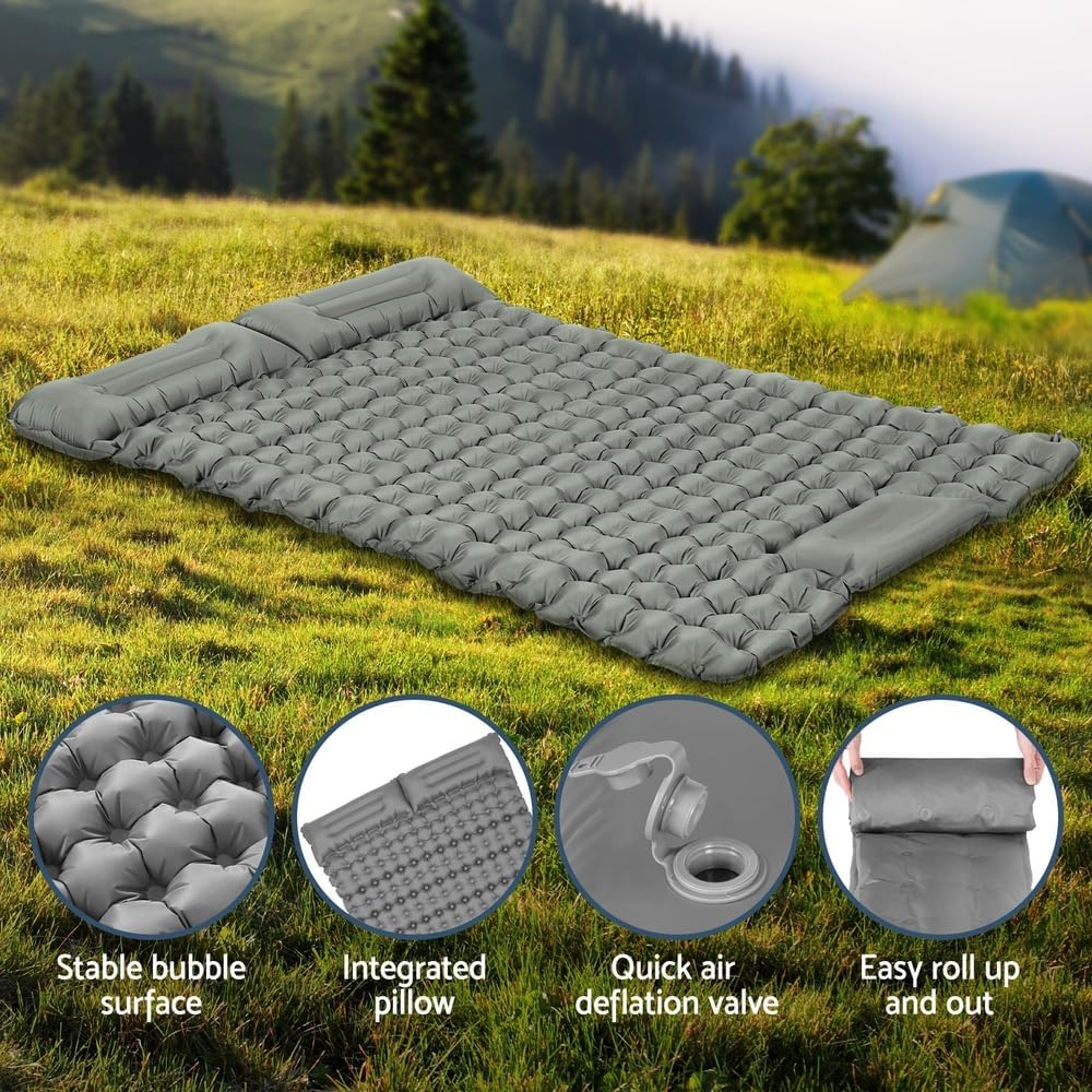 Weisshorn Double Camping Air Mattress, Self Inflating Blow up Mattresses Bed Sleeping Bubble Surface Pad Mat Outdoor Tent Caravan Road Trip Travel Hiking Gear, with Carry Bag Pillow Grey image number 5