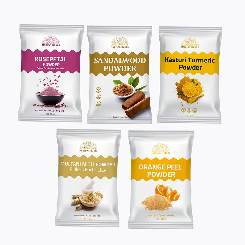 Hebhac Herbs Skin Care Combo: Sandalwood, Multani Mitti, Kasthuri Manjal, Rose Petal & Orange Peel Powder | Natural & Preservative-Free image number 2
