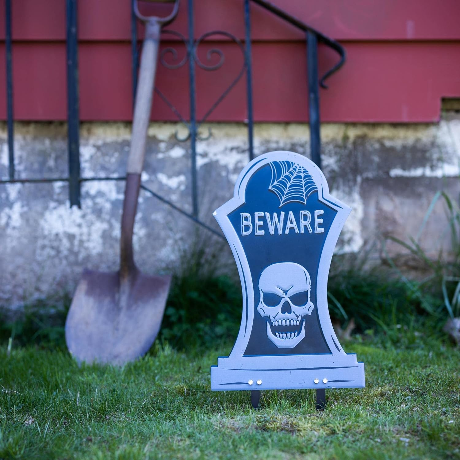 3-D Metal Halloween Ghost Cemetery XL 17" Tombstone W Stakes -BEWARE- Durable, Rustproof, UV Raised Printing- Upgrade Your Haunted House Mansion W Cemetary Lawn Decor- No More Flimsy Foam Graveyards image number 5