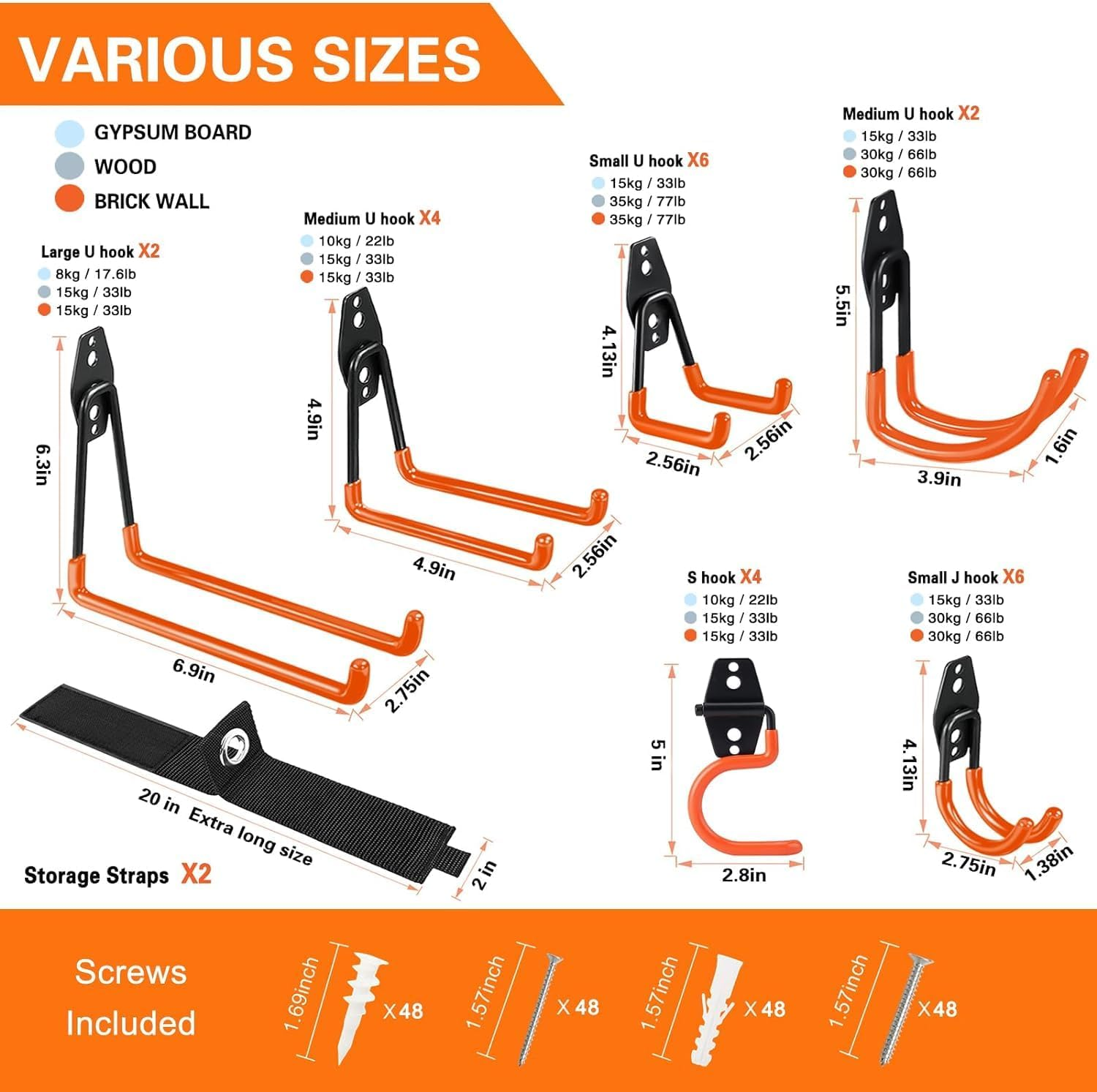 26 Pack Garage Hooks Heavy Duty,Utility Steel Garage Storage Hooks,Wall Mount Garage Hanger&Organizer for Organizing Power Tools,Ladders,Bulk Items,Bikes,Ropes and More Equipment, Orange image number 4