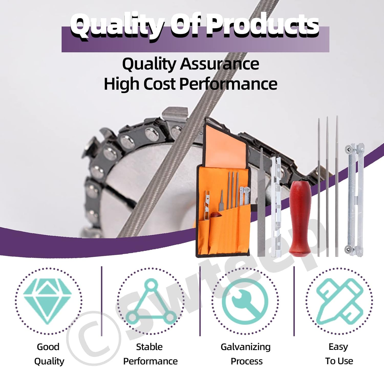 Swpeet 10Pcs Chainsaw Sharpener File Kit, round Files of 5/32, 3/16, 7/32 Inch, Flat File, Blade Filing Guide, Raker Tooth Depth Gauge, Wood Handle and Tool Pouch for Sharpen Chain Saw Teeth Blade image number 4