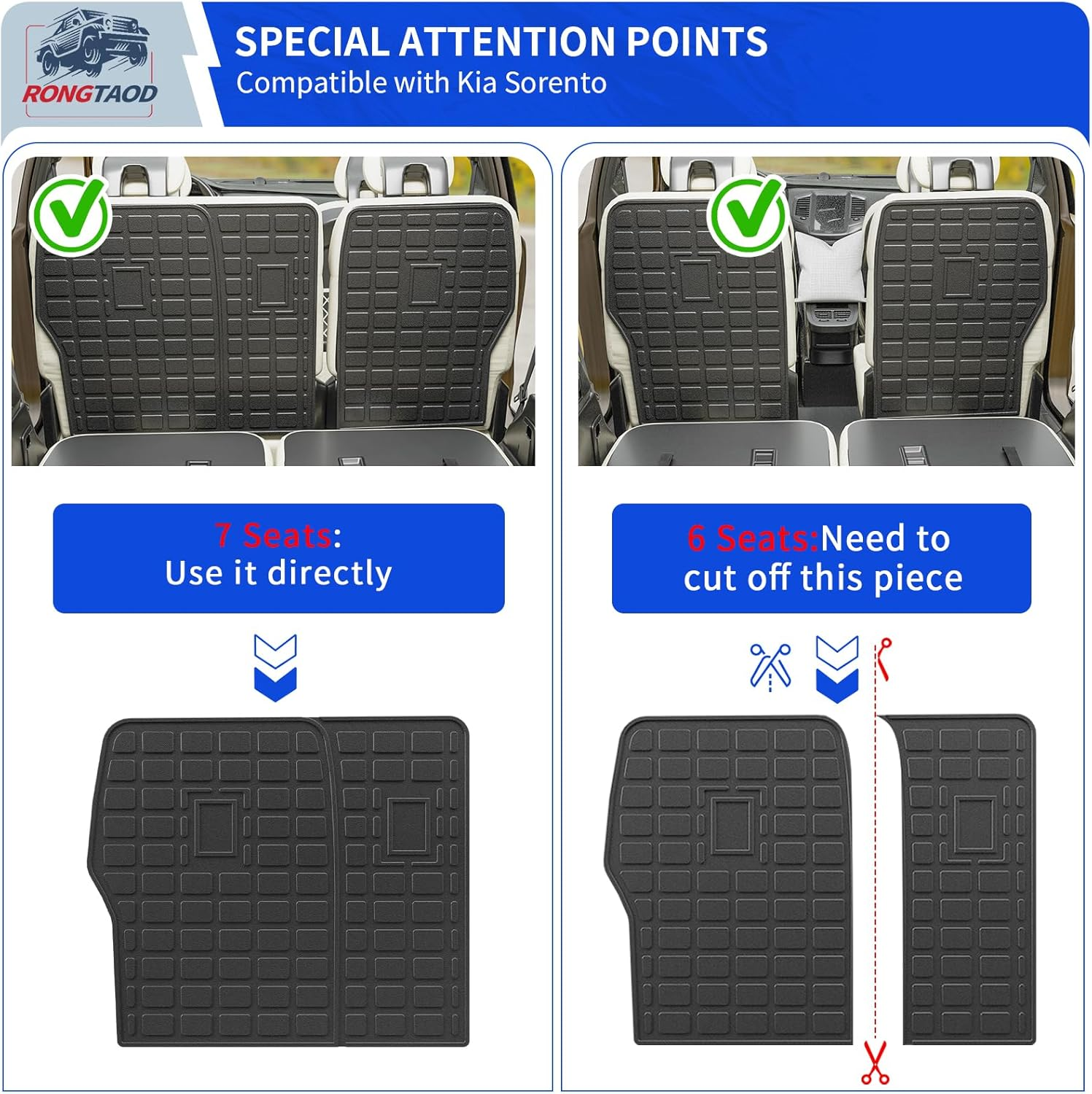 Rongtaod Trunk Mat Compatible with 2021-2025 Kia Sorento 6&7 Seats Cargo Mat Cargo Liner Trunk Liner Back Seat Cover Protector 2024 Sorento Accessories (Trunk Mat+2Nd&3Rd Row Backrest Mats) - 2Nd3Rd Row Backrest Mat+Trunk Mat image number 3