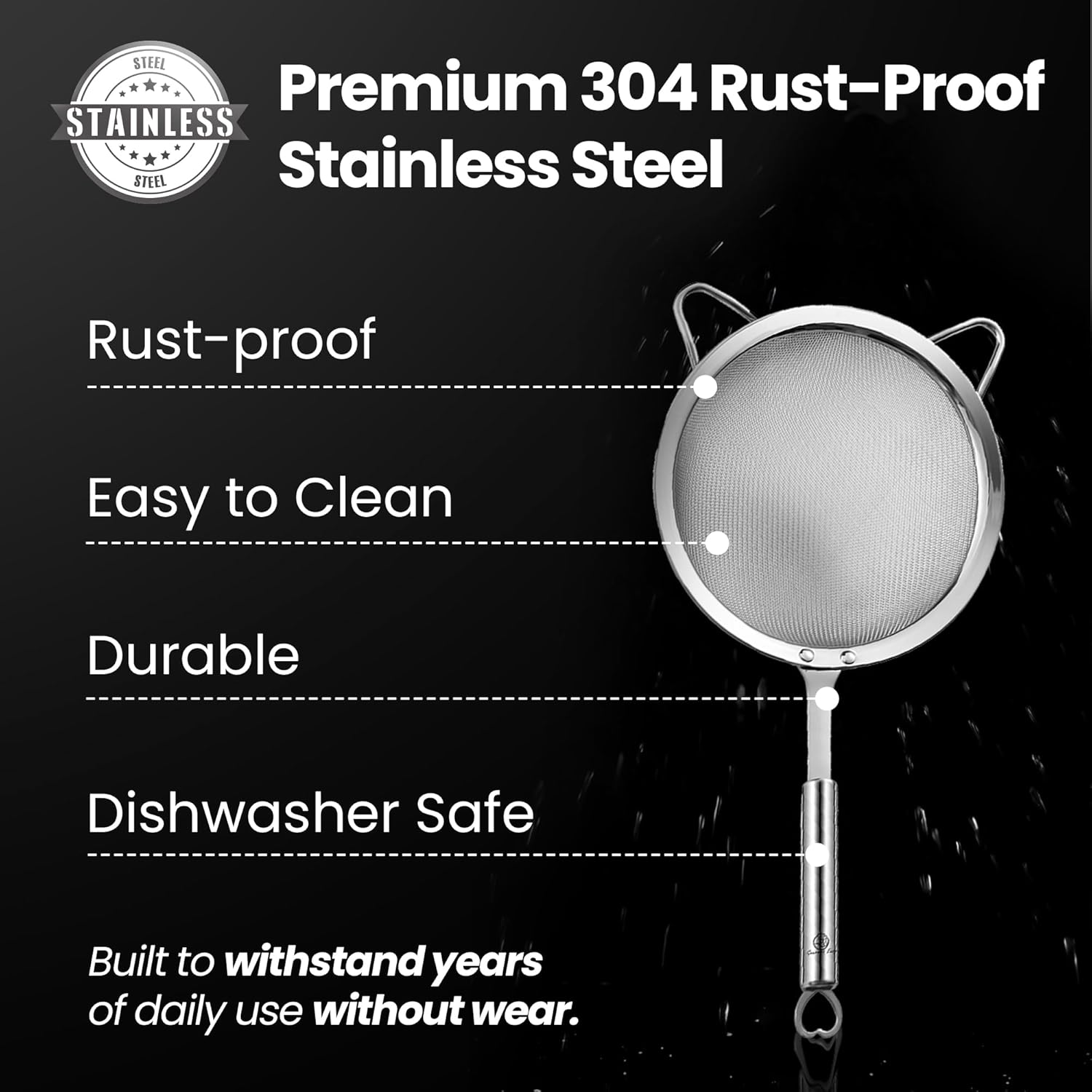 Stainless Steel Strainer Set, 1 Large Pasta & Rice Strainer for Kitchen + 1 Small Fine Mesh Strainer with Handle + 1 Silicone Can Strainer, Flour Sifter for Baking, Kitchen Strainer Fine Mesh (SS) image number 2