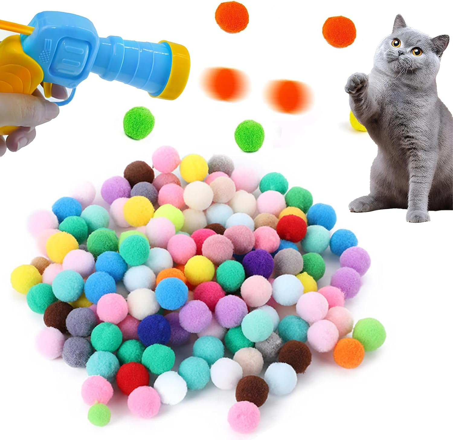 Oundarm 100PCS 1.2"/3Cm Cat Toy Balls and 1 Cat Ball Toy Launcher Colorful Cat Plush Ball Toy Interactive Cat Toy Plush Toy Balls for Cat image number 6