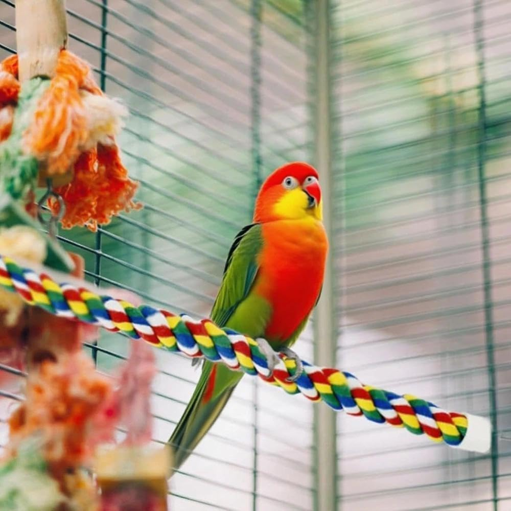 2 Pcs Cotton Rope Bird Perches, 16 & 24 Inch Spiral Perch for Parrots, Cockatiels, Budgie, Parakeets Colorful Comfy Climbing Stand, Bungee Toy for Bird Cage Accessories image number 1