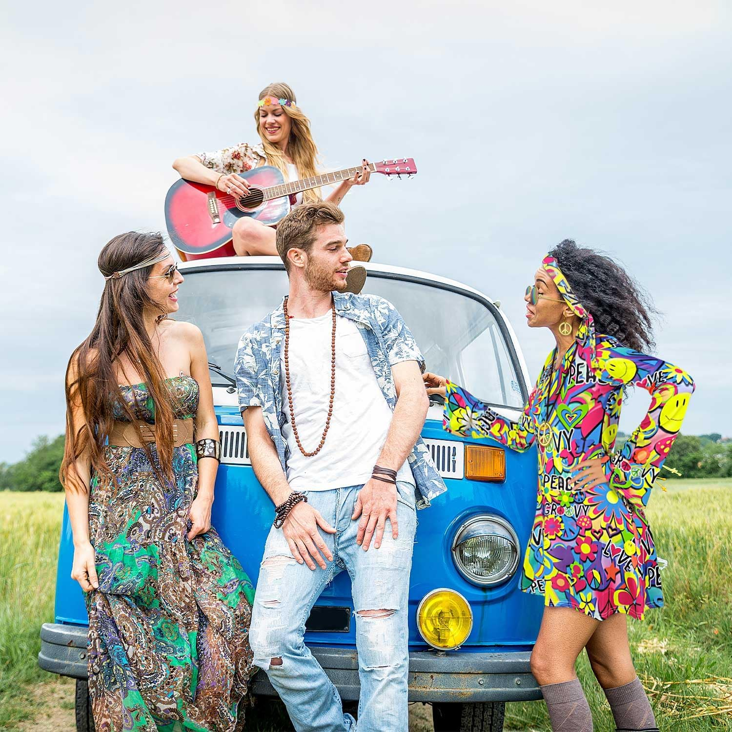 AUTOWT 70S Hippie Costume Women - 7 PCS Disco Dress with Headband Sunglasses Earrings Necklace Daisy Flower Crown, Hippy Disco Clothes Outfit for Fancy Halloween Cosplay Carnival 70S 80S Party image number 2