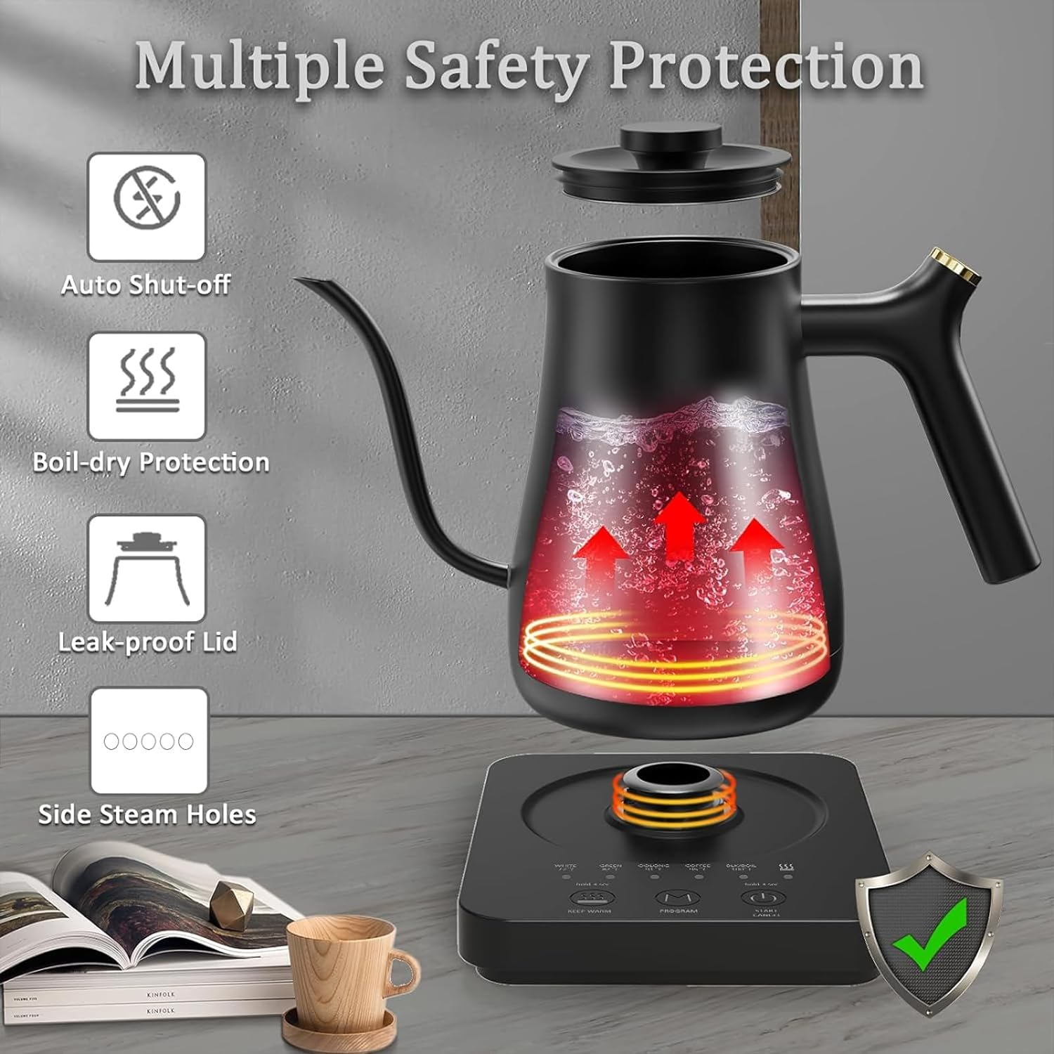 Electric Gooseneck Kettle, 5 Variable Precise Temperature Control, 2H Keep Warm, Stainless Steel Inner, Quick Heating, for Pour over Coffee, Brew Tea, Boil Hot Water, Boil-Dry Protection, 0.8L, Black image number 4