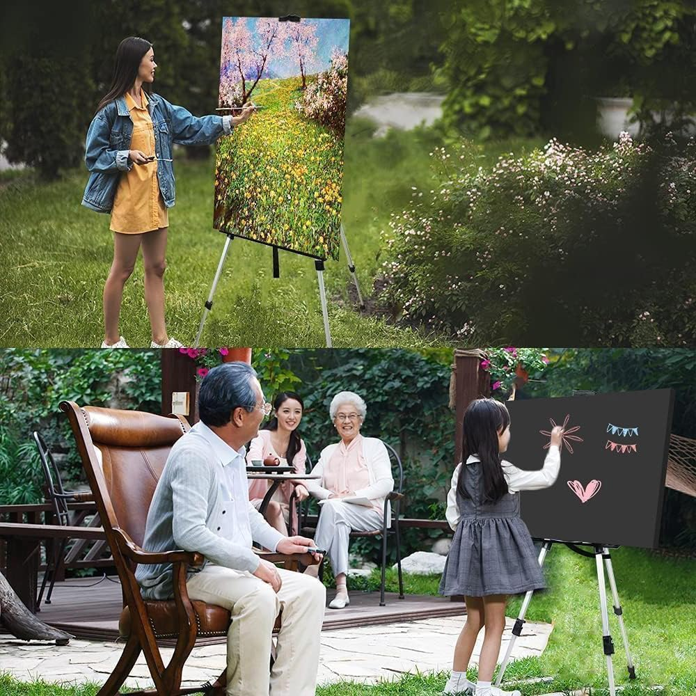 Art Painting Easel, Aluminum Alloy Portable Telescopic Painting Stand, Adjustable Foldable Tripod for Painting Canvas, Suitable for Tabletop, Floor Painting and Advertising Display. (Silver)