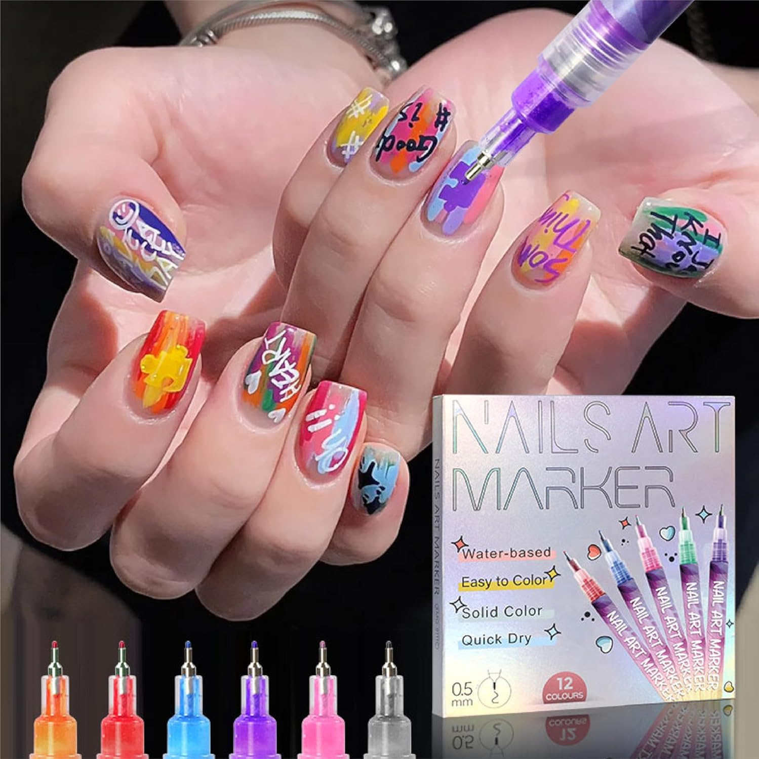 Nail Polish Pens, Tempered Top Coat Sets, Graffiti and Diamond-Dotting Pens, Acrylic Paint Pens, Dotting and Line-Drawing Pens. 12-Color Nail Art Pen Set for Nail Design (Nail Art Pen + Top Coat - 2Pcs) image number 2