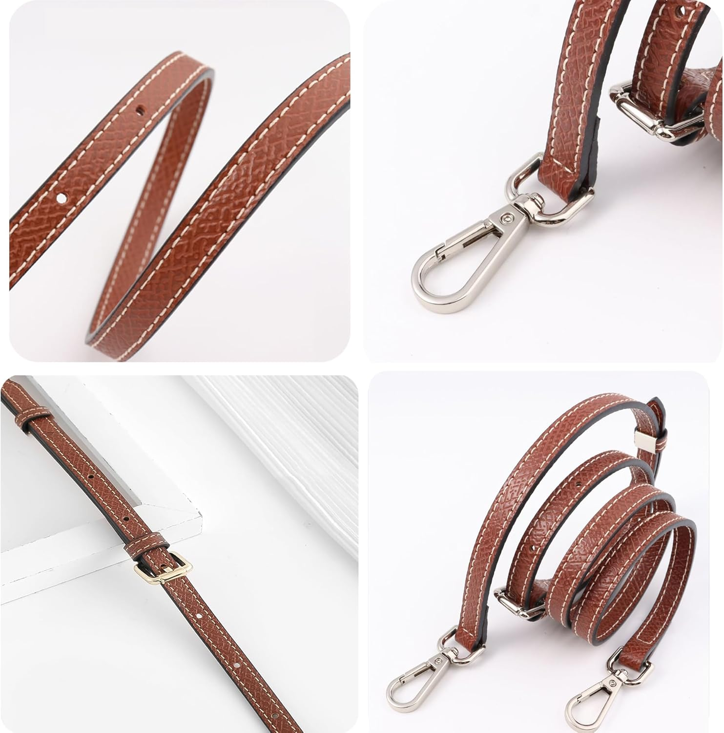 Le PLIAGE Replacement Crossbody Strap, Punch-Free Leather Shoulder Strap for Small Bag, Handbag, Clutch - Brown-Silver image number 5