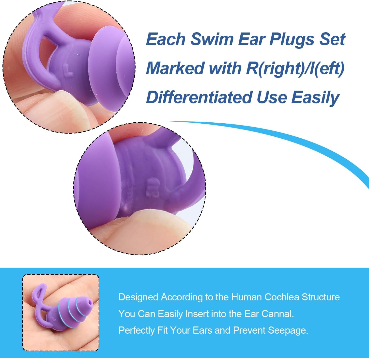 Reusable Silicone Ear Plugs for Swimming, Surfing, Water Skiing, Canoeing, Bathing, Hearing Protection, Learning, Working - 4 Pairs (Black, White, Blue, Purple) image number 6