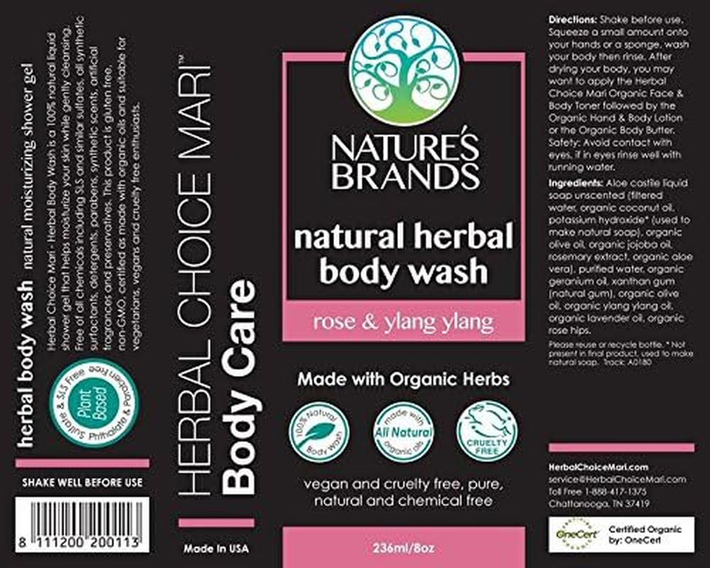 Herbal Choice Mari Organic Herbal Body Wash, Rose & Ylang Ylang; 8Floz